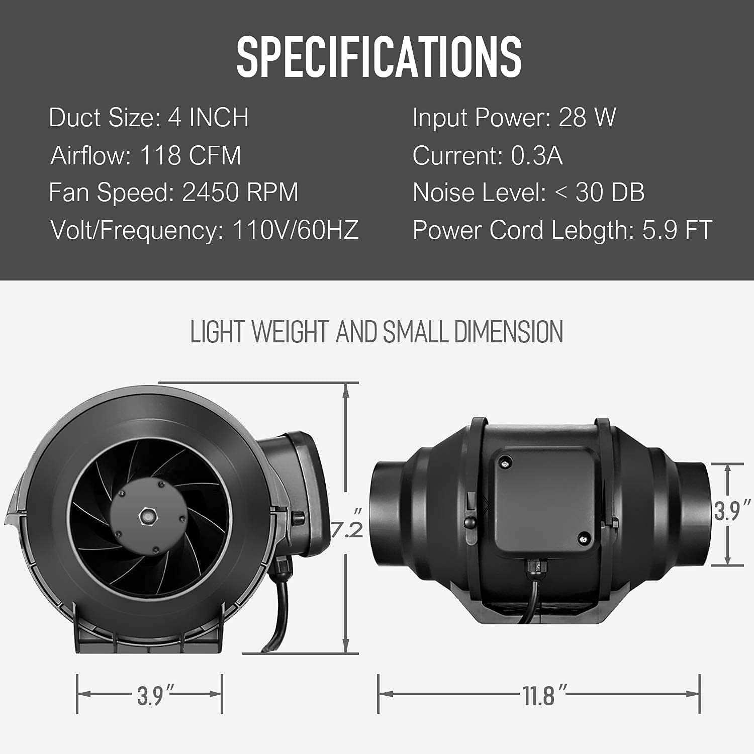 iPower 4 Inch Inline Duct Fan with Variable Speed Controller, Air Filter & 8ft Vent Hose - Black Ventilation Kit