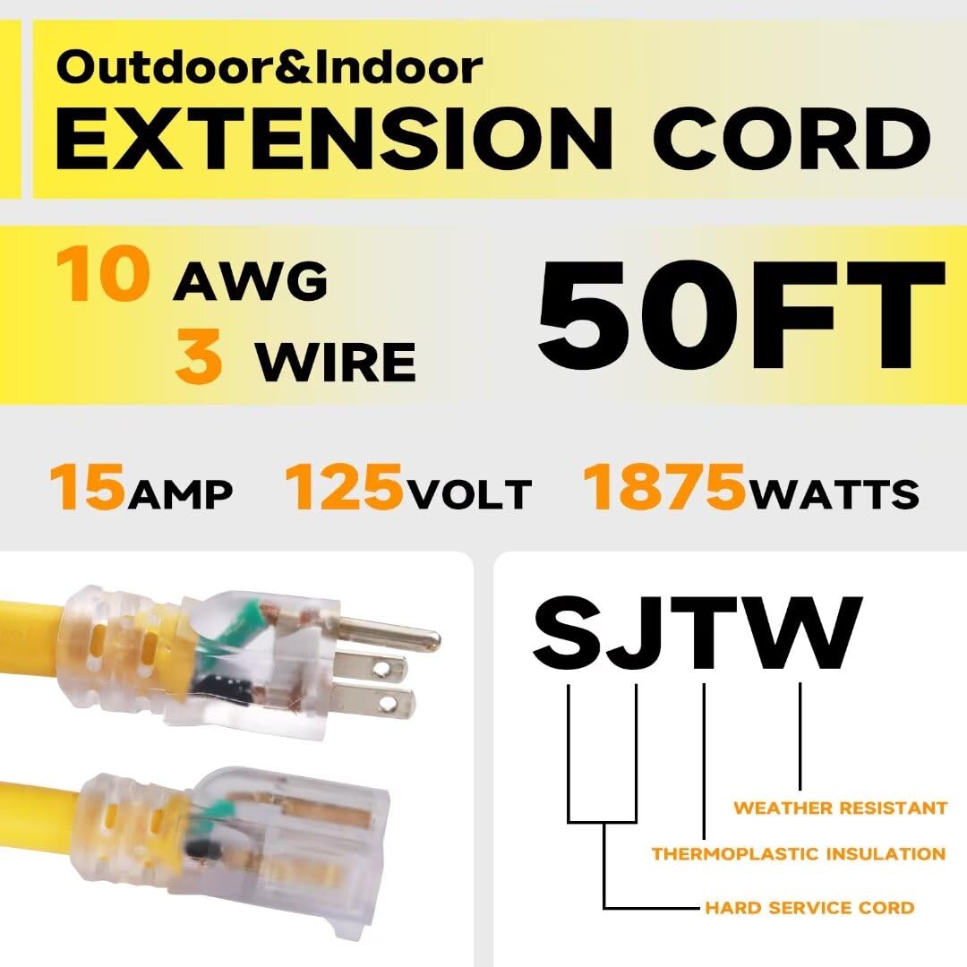 Greatide 50 Ft Lighted Outdoor Extension Cord   10/3 Sjtw Heavy Duty Yellow Extension Cable With 3 Prong Grounded Plug For Safet