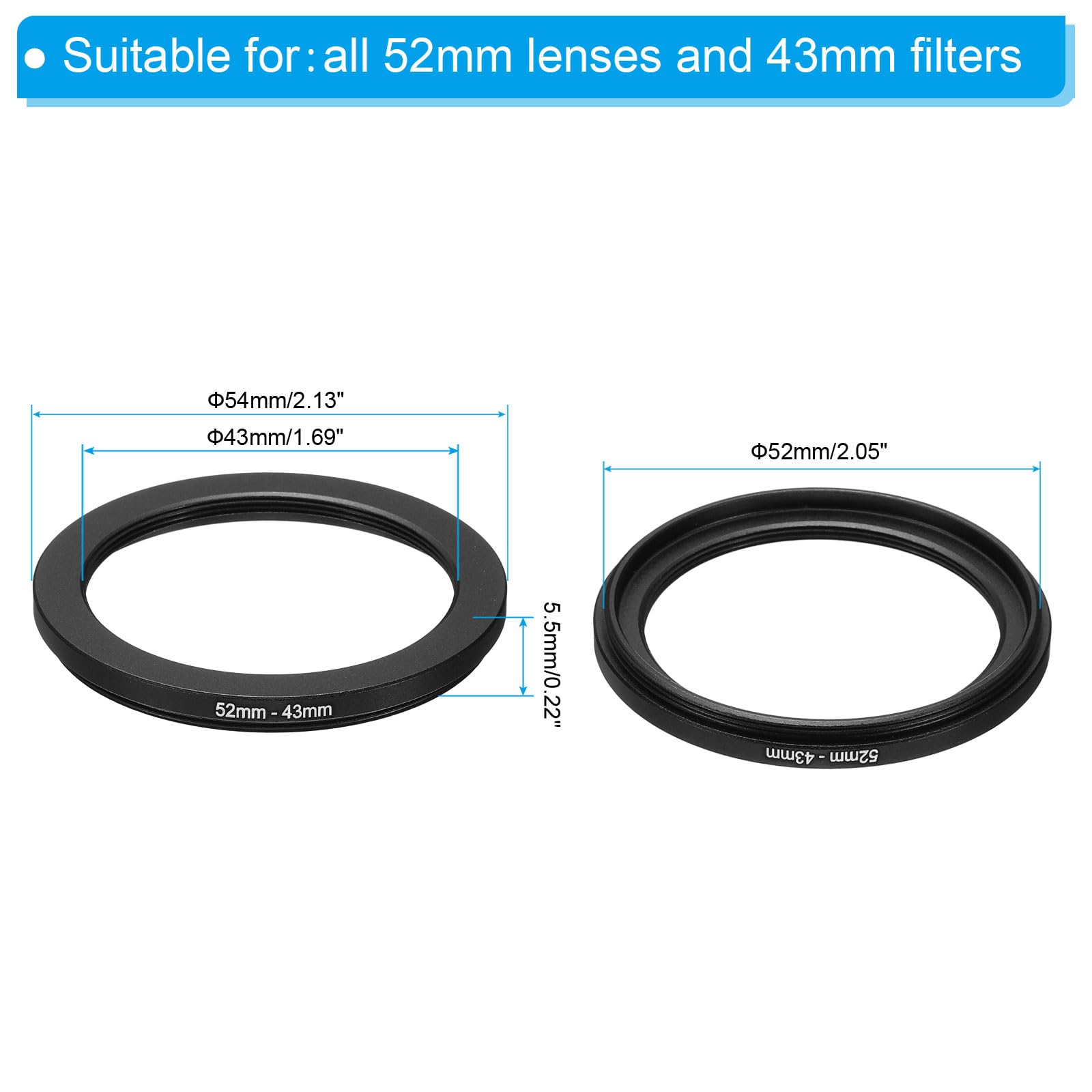 Patikil 52Mm 43Mm Metal Step Down Ring, Camera Lens Filter Adapter Ring Aluminum Filter Adapter Ring For Camera Lenses Hood, Bla