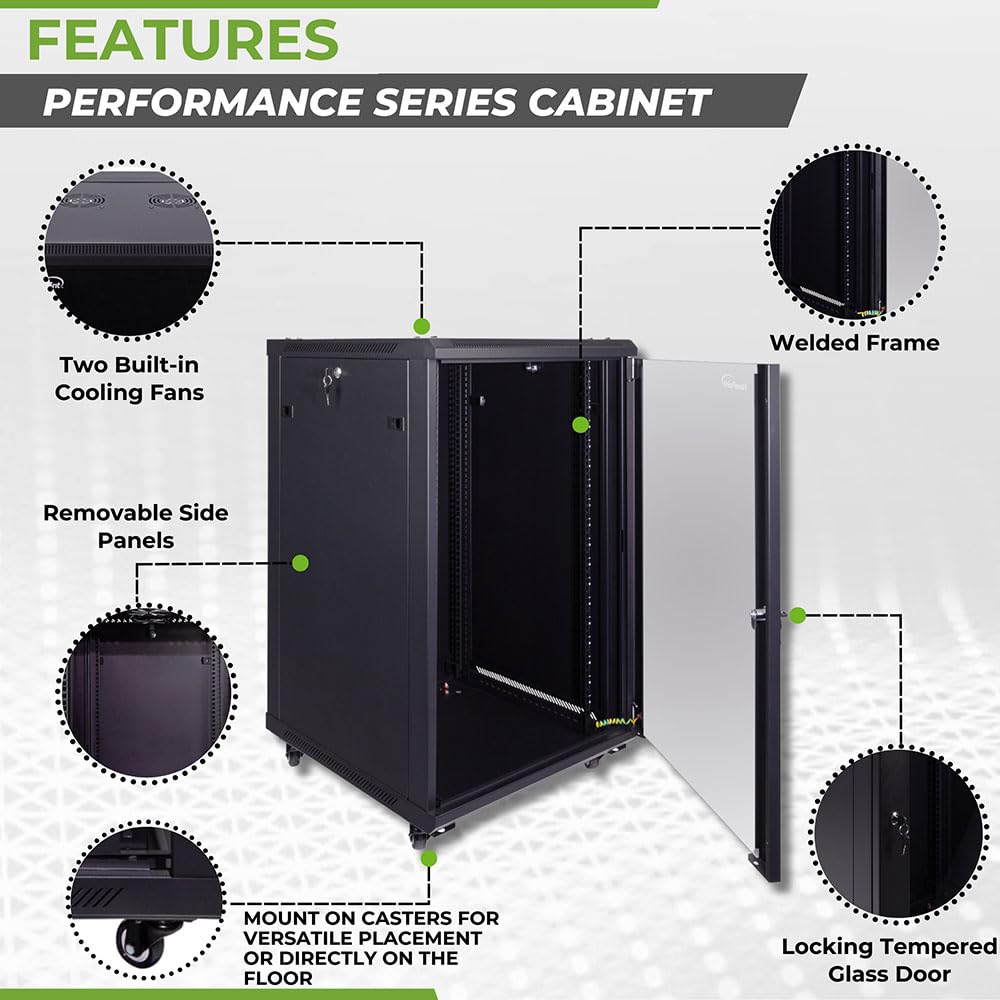 Navepoint 18U Server Cabinet Wall Mount Rack Enclosure With Caster Wheels, 2 Fans, Locking Glass Door, Removable Side Panels   1