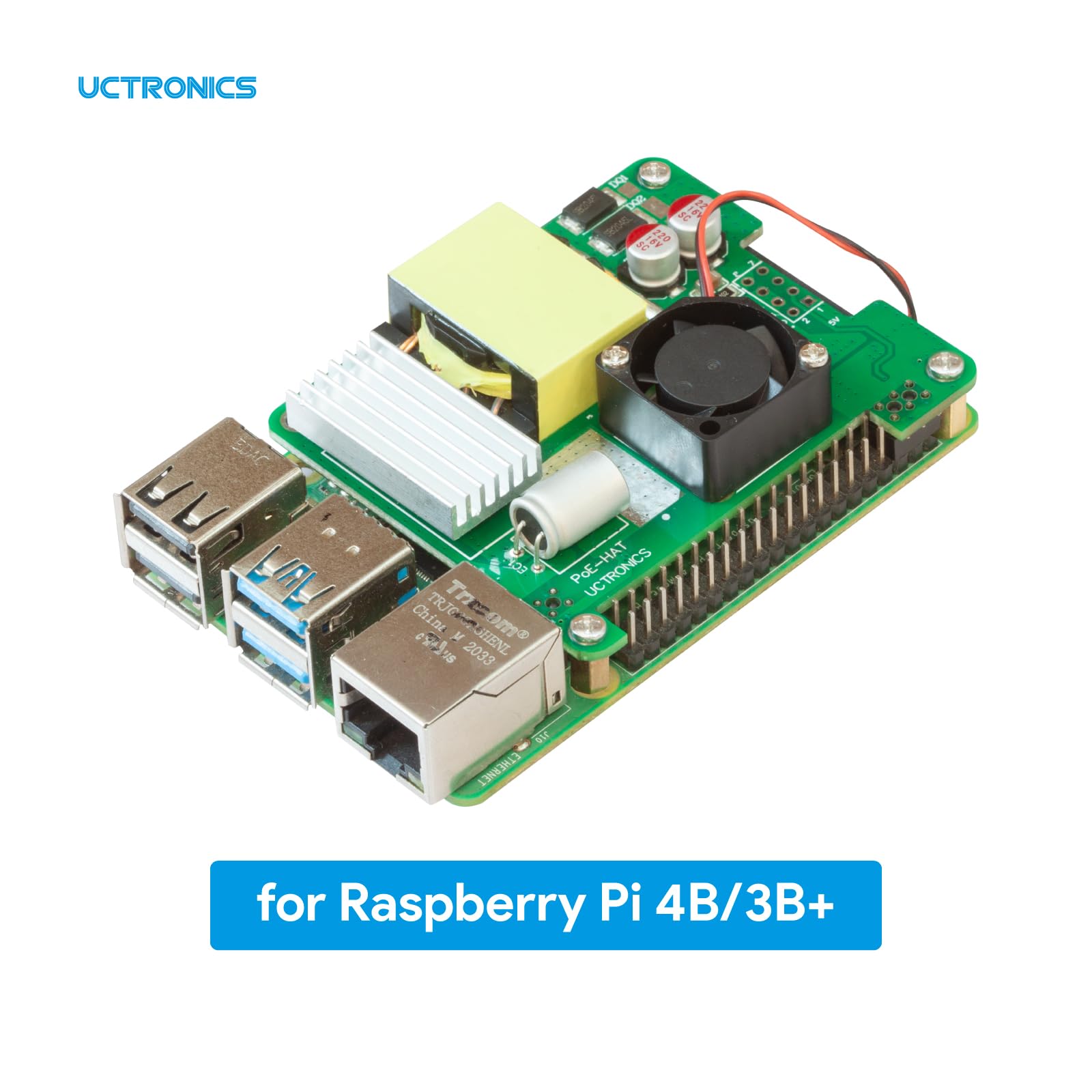 Uctronics Poe+ Hat For Raspberry Pi, 5V 4.5A Max Ieee802.3Af/At Complaint Power Over Ethernet With Cooling Fan For Raspberry Pi