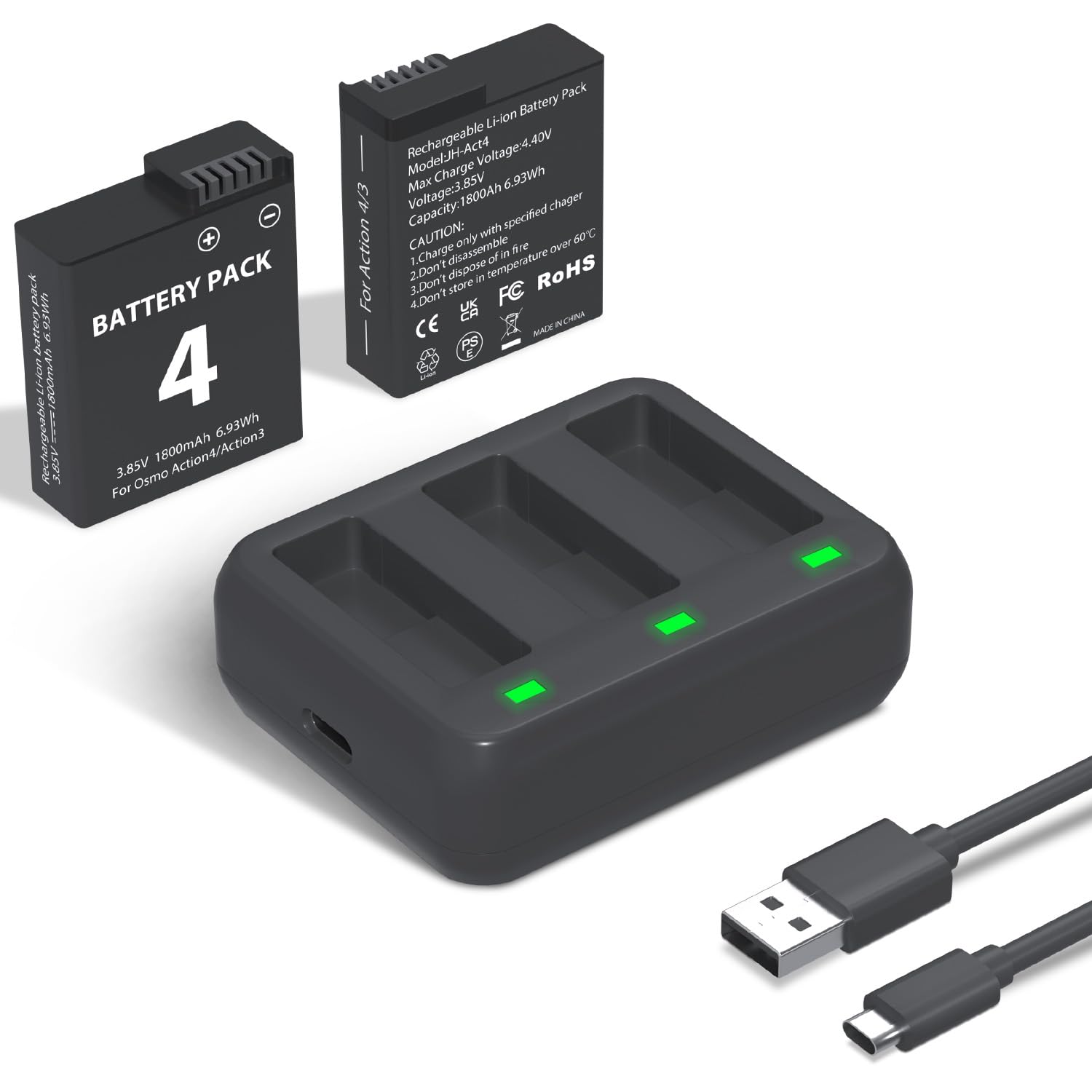 Lp Battery Charger Pack Compatible With Dji Osmo Action 3/4, 2 Pack1800Mah Dji Osmo Action 4 Camera Batteries, 3 Channel Usb Cha