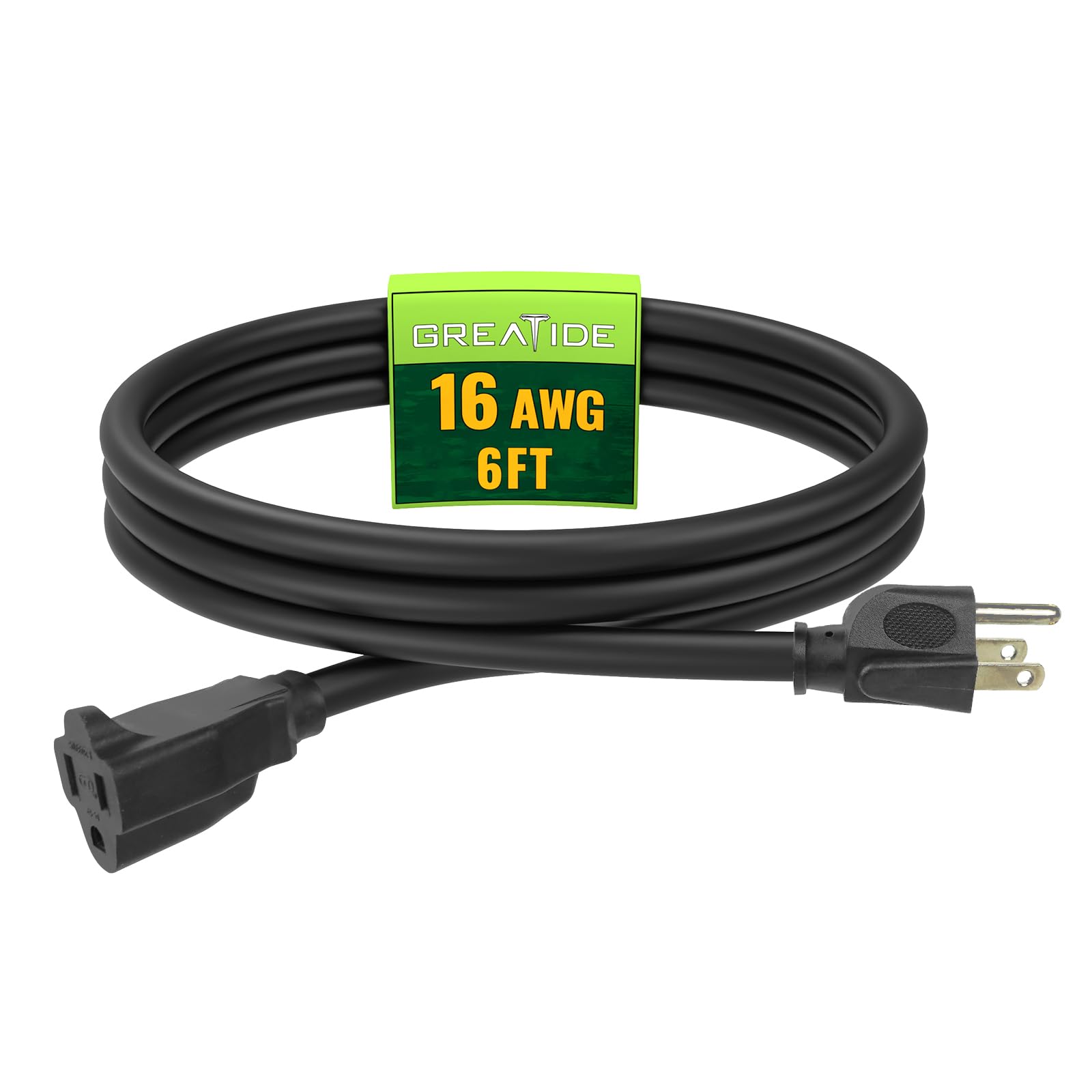 Greatide Indoor Outdoor Extension Cord 6 Ft, 16/3 Sjtw Weatherproof Black Electrical Cords, 13 Amp Heavy Duty 3 Prong Power Cabl
