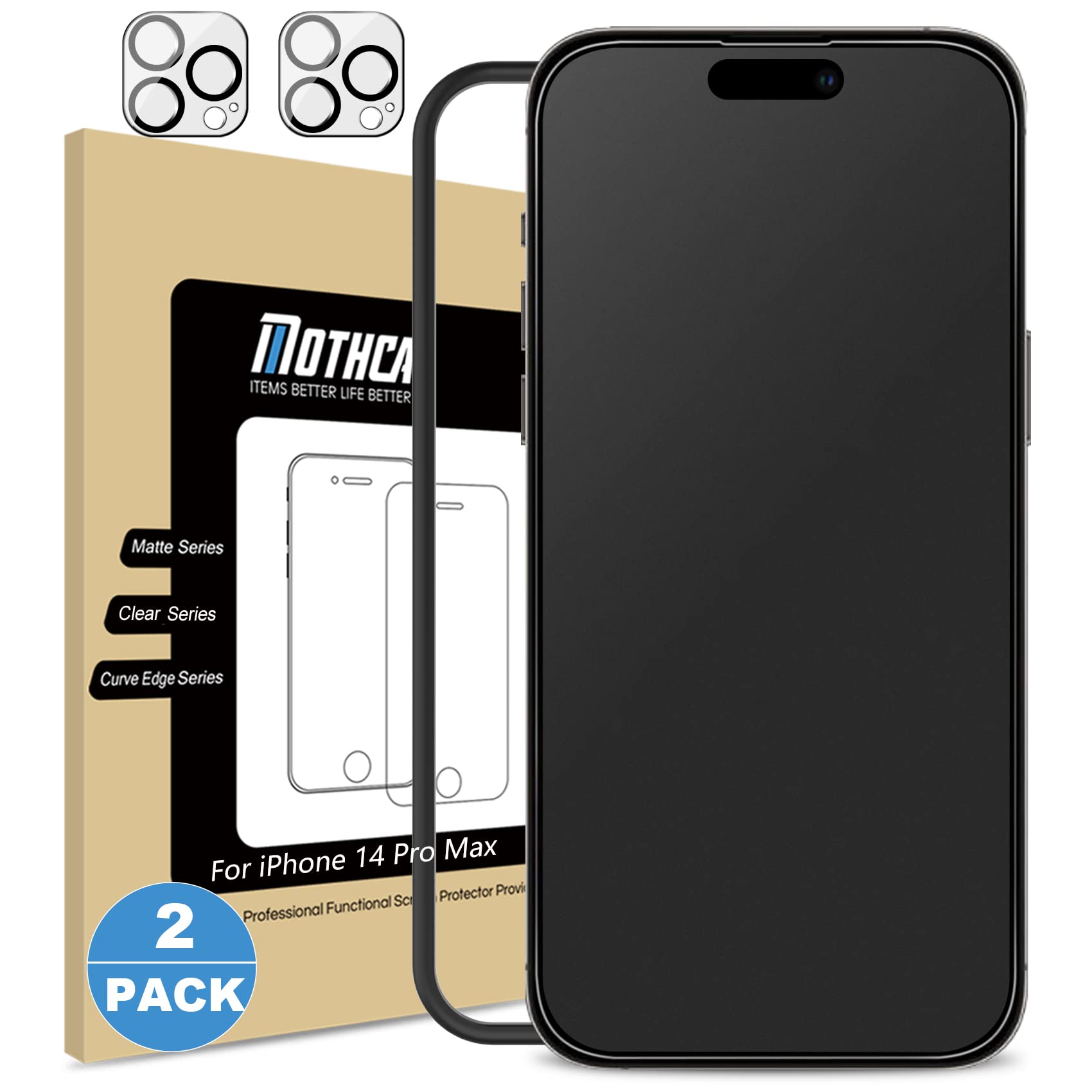 Mothca 2 Pack Matte Glass Screen Protector For Iphone 14 Pro Max [6.7 Inch] + 2 Pack Camera Lens Protector, Anti Glare & Anti Fi
