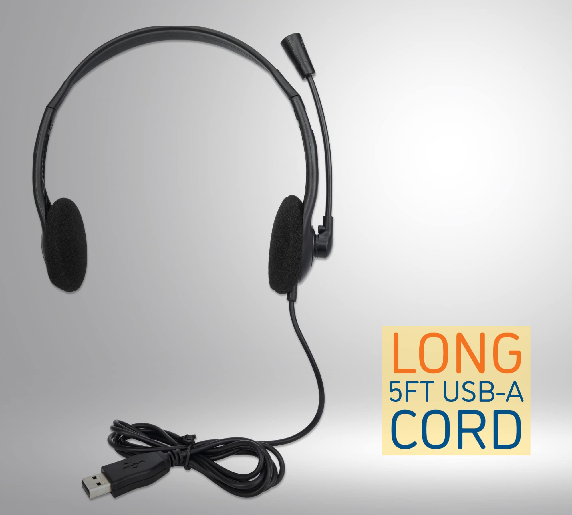 Manhattan Usb Headset With Mic - Long 5 Ft Cable Cord, Dual-Sided Padded On-Ear, Adjustable Headband - Non Reversible (Left Side