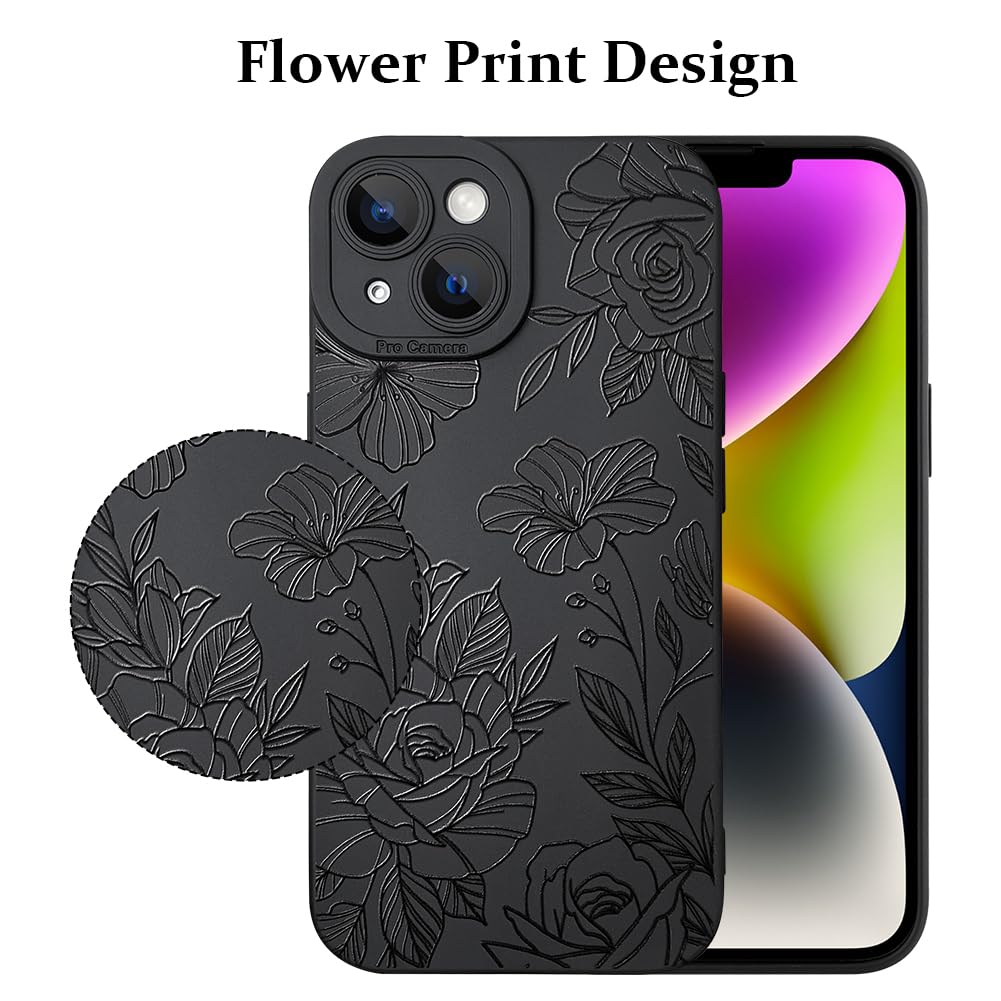 Lsl Case For Iphone 14 Black Floral Flower Pattern Print Case Soft Tpu Full Camera Lens Anti Drop Anti Scratch Shockproof Protec