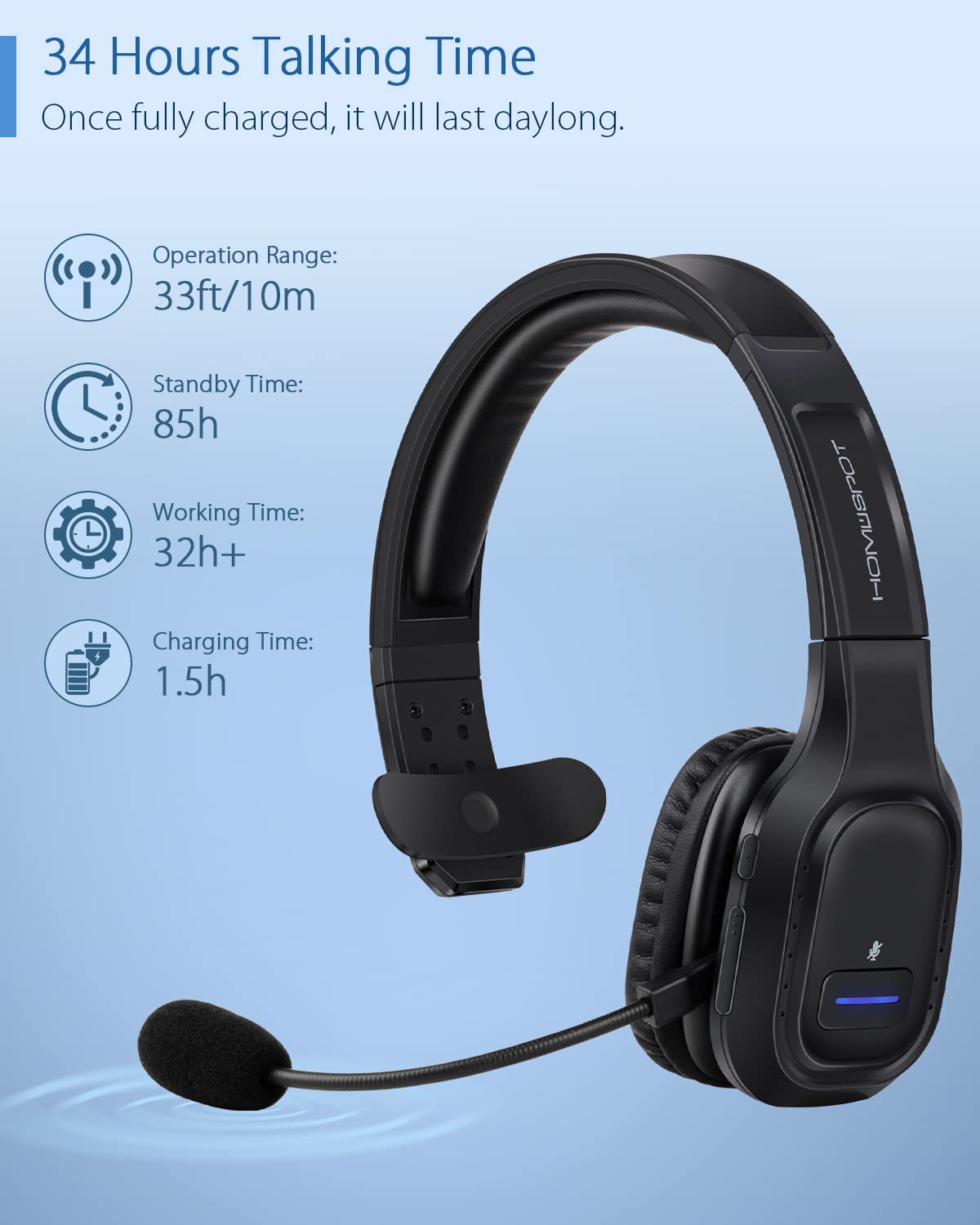 Homespot Jm100 Trucker Bluetooth Headset With Ai Noise Canceling, Wireless Headset With Rotatable Microphone And Big Mute Button