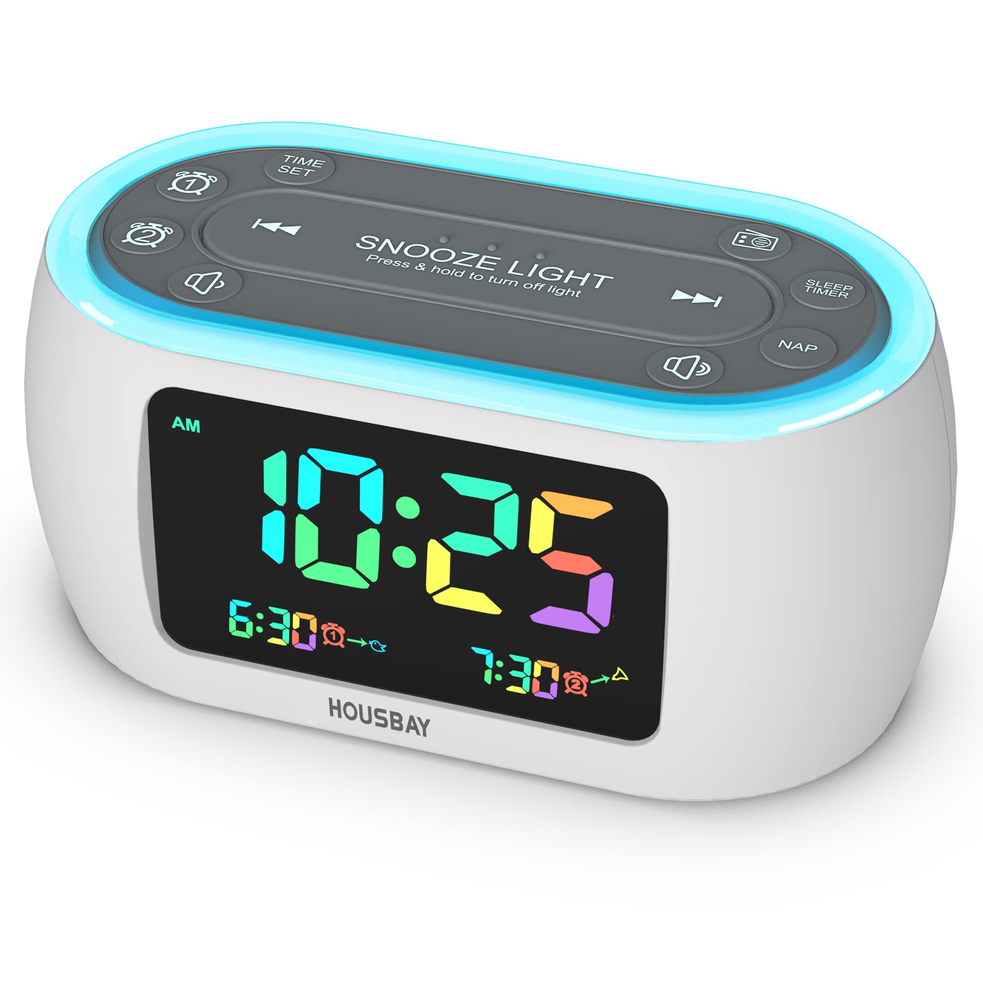 Housbay Glow Small Colorful Alarm Clock Radio With Rainbow Digit, 7 Color Night Light With On/Off Options, Dual Alarm, Dimmer, F