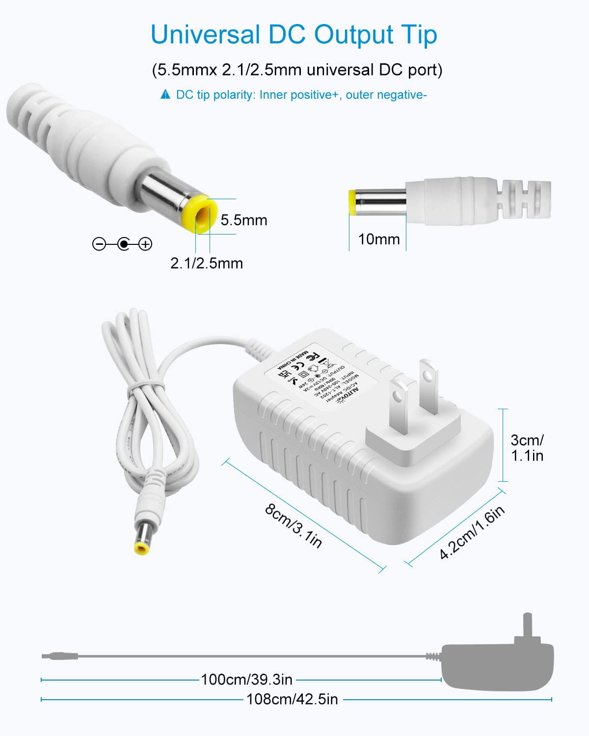 Alitove 12V 2A Power Supply 12 Volt Ac Adapter 100V~240V Ac To Dc 12V Power Adapter Cord 24W Ac/Dc Converter With 5.5X2.5 5.5X3.