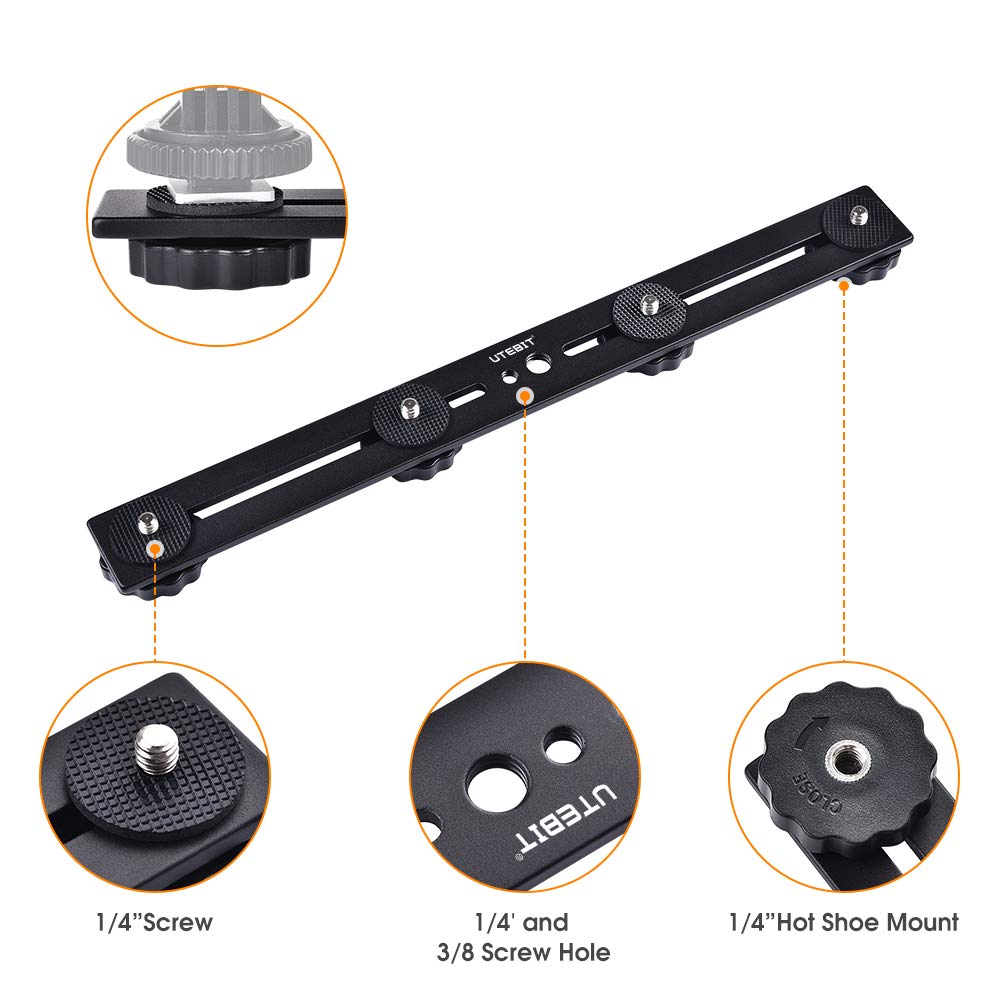 Utebit 11 Inch Flash Bracket, Long Dual Camera Mount Flash Bracket Extension Bar With 1/4� Hot Shoe, Straight Flash Brackets 1/4 3/8 Thread Hole Tripod Mount For Camera/Led Light/Microphone