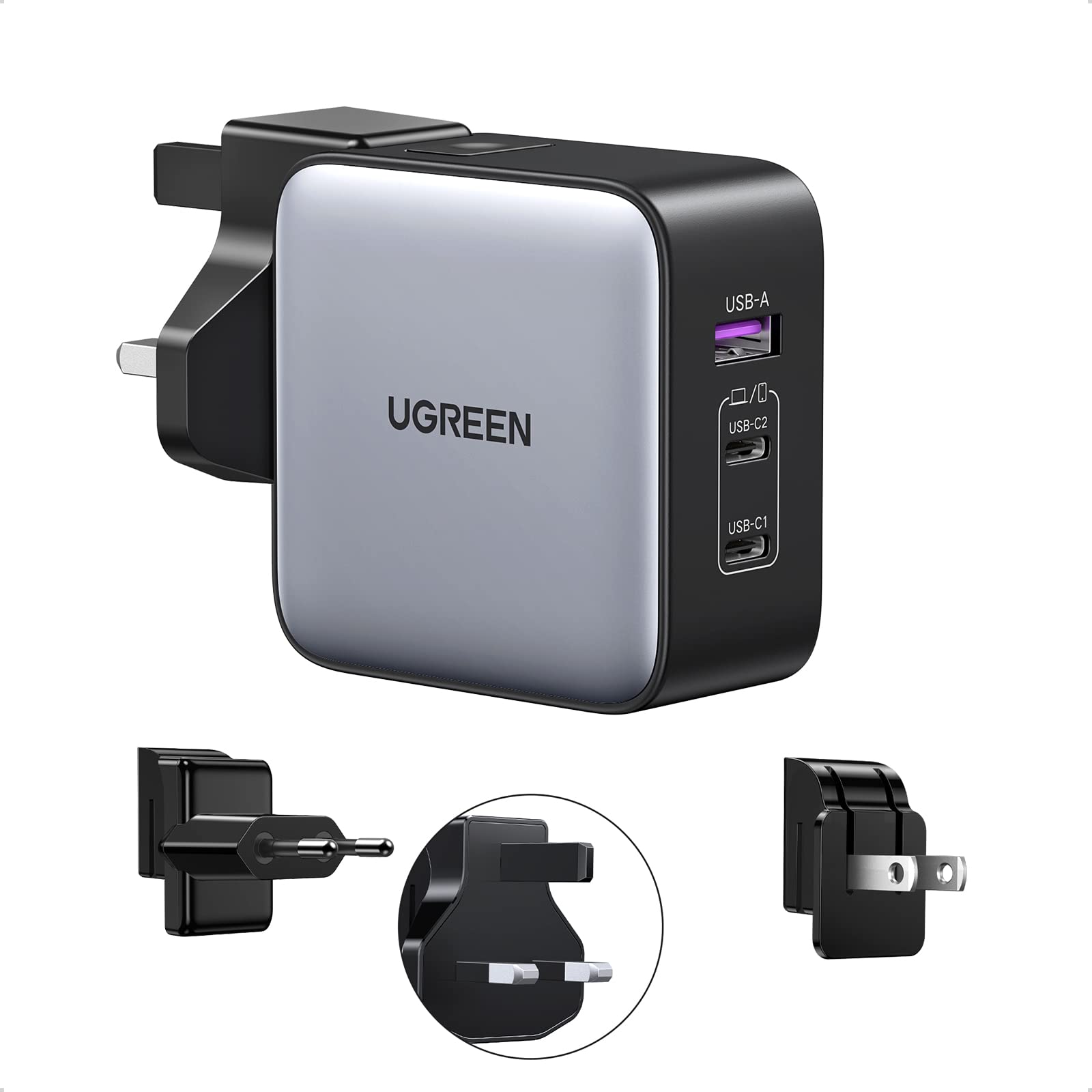 UGREEN 65W USB C Charger, Nexode 3 Port Travel Charger GaN Fast International Charger with US UK EU Plug, USB C Power Adapter fo