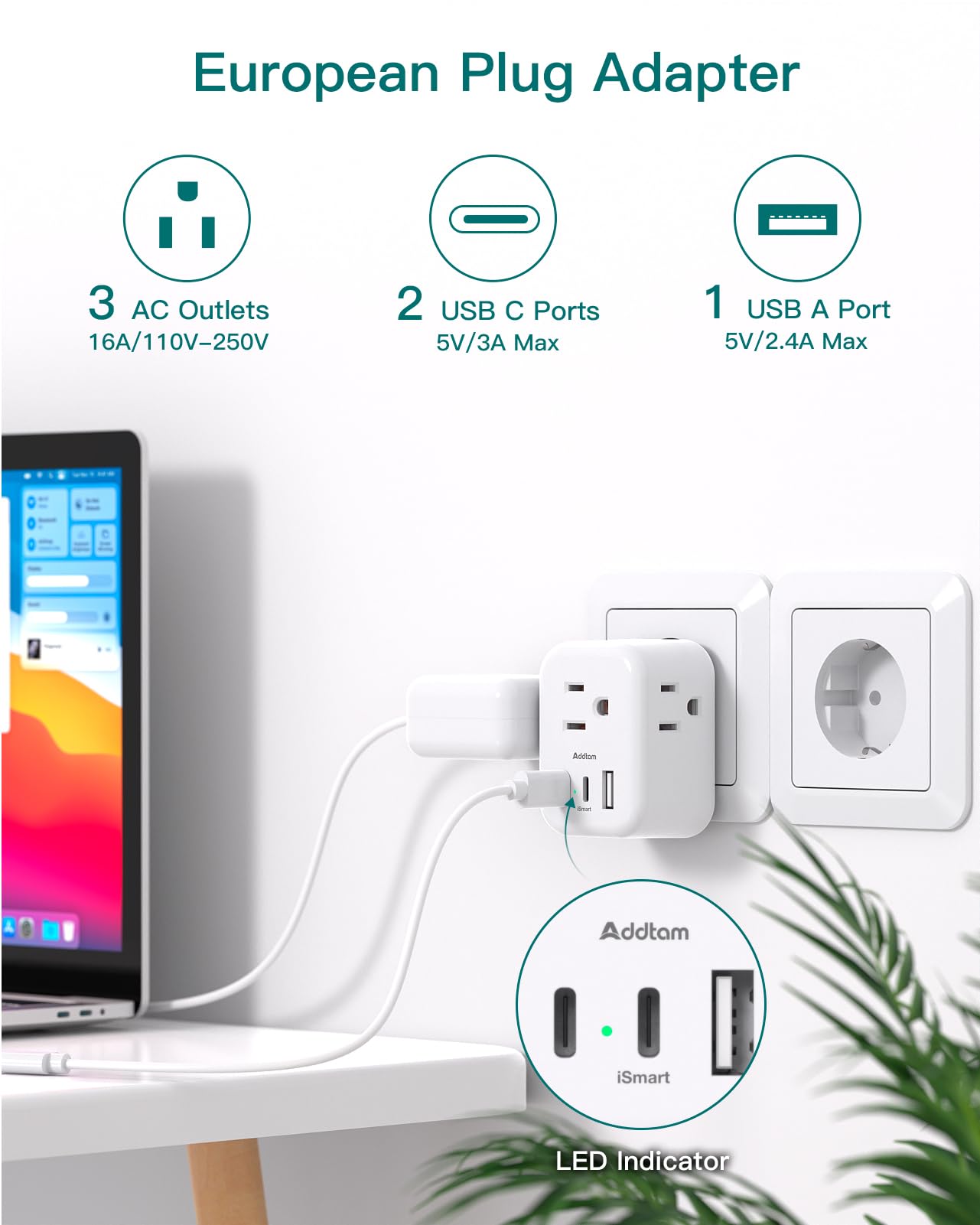 3 Pack European Travel Plug Adapter, Addtam Us To Europe Plug Adapter With 3 Outlets 3 Usb Charger (2 Usb C Port), Type C Power
