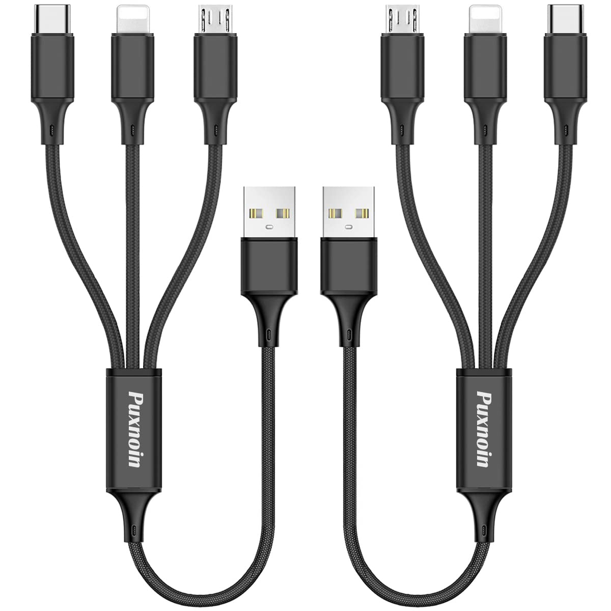 Puxnoin Multi Charging Cable, 2Pack Multi Charger Cable Short 1Ft Braided Universal 3 In 1 Multiple Usb Cable Charging Cord With