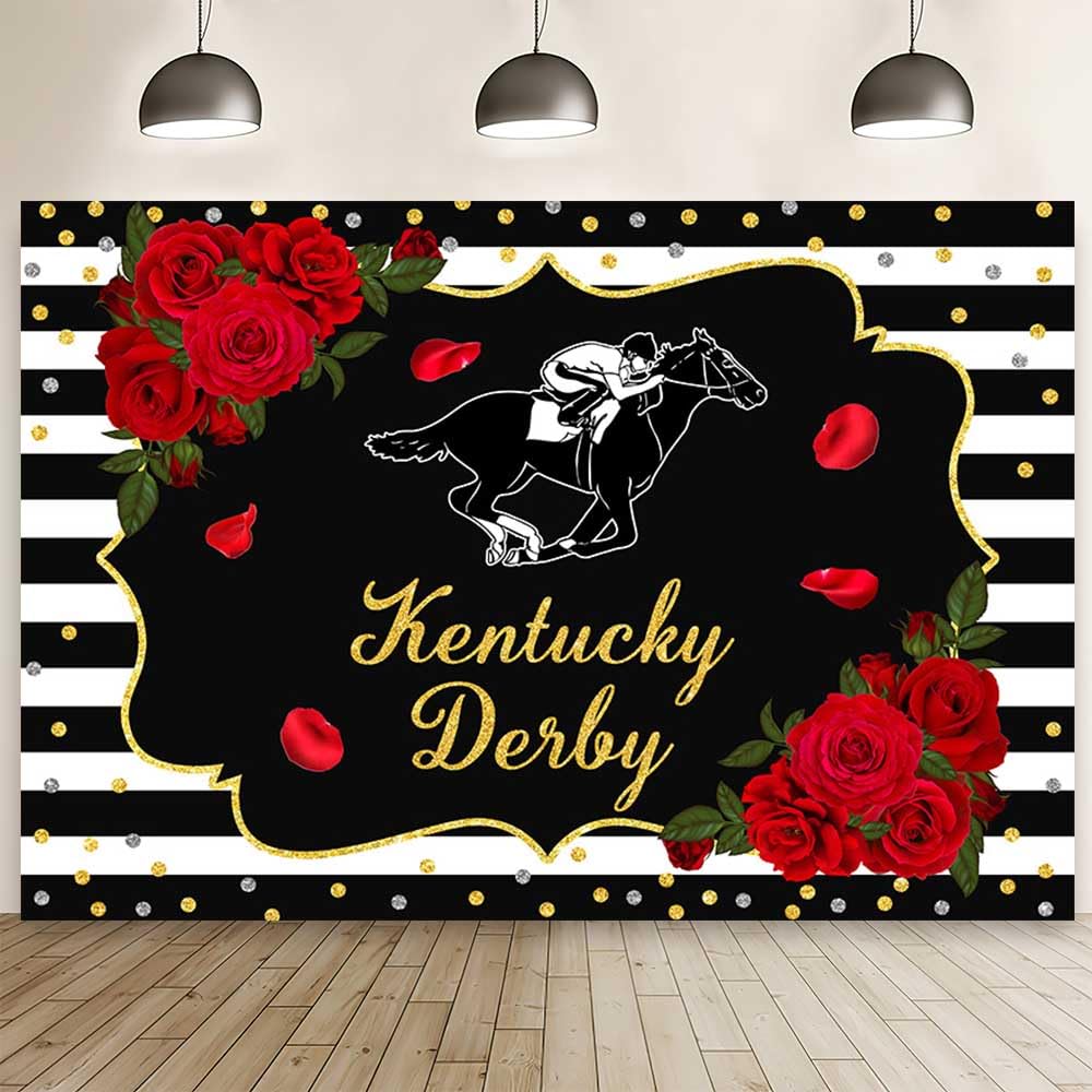 Mehofond 7X5Ft Kentucky Derby Backdrop Rose Kentucky Derby Photography Background Black White Horse Racing Party Supplies Gold C