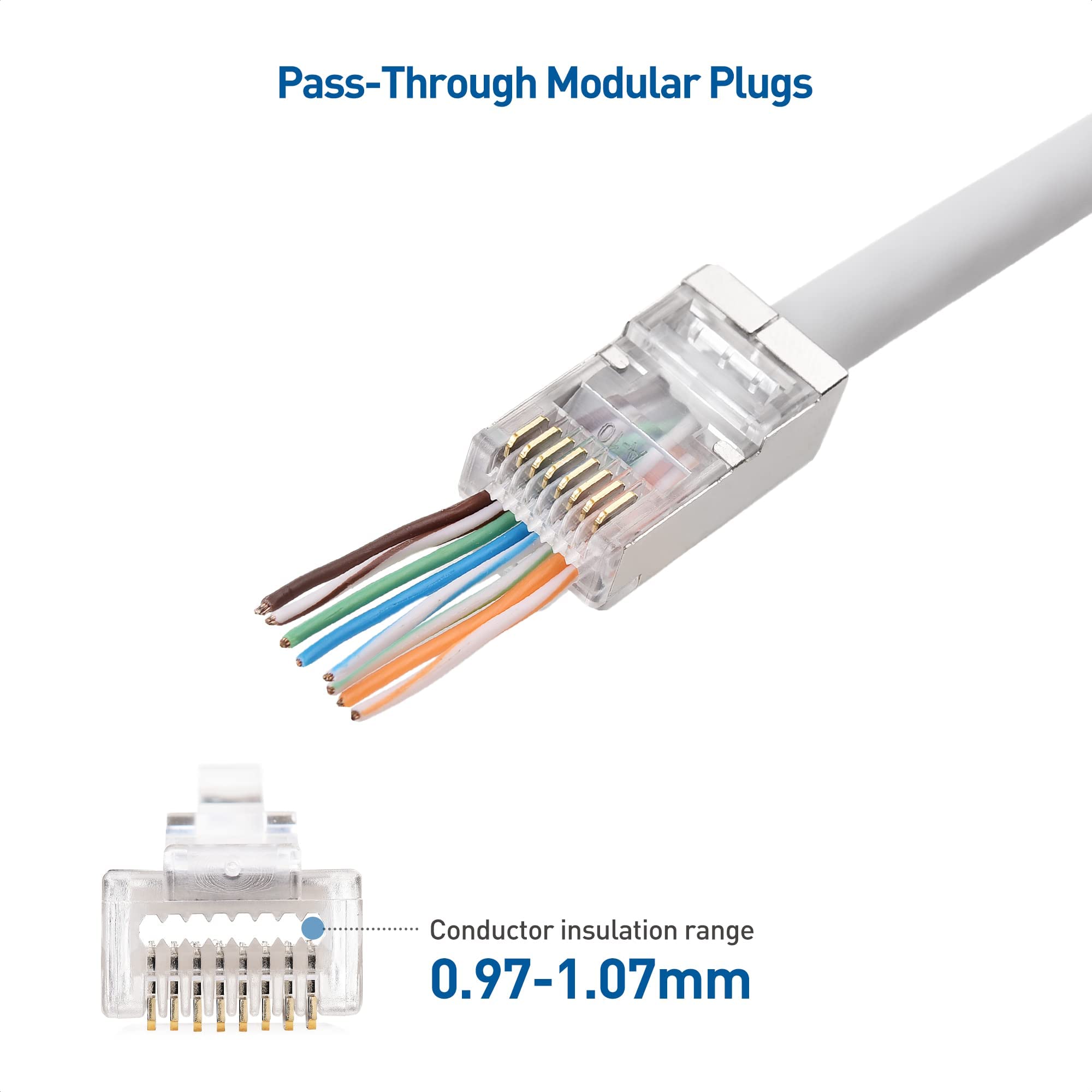 Cable Matters 100 Pack Cat 6A Shielded Pass Through RJ45 Connectors (Cat 6A Ends / Cat6A Connector / RJ45 Modular Plugs/Ethernet Plugs/Network Connector) for Solid or Stranded S/FTP Ethernet Cable