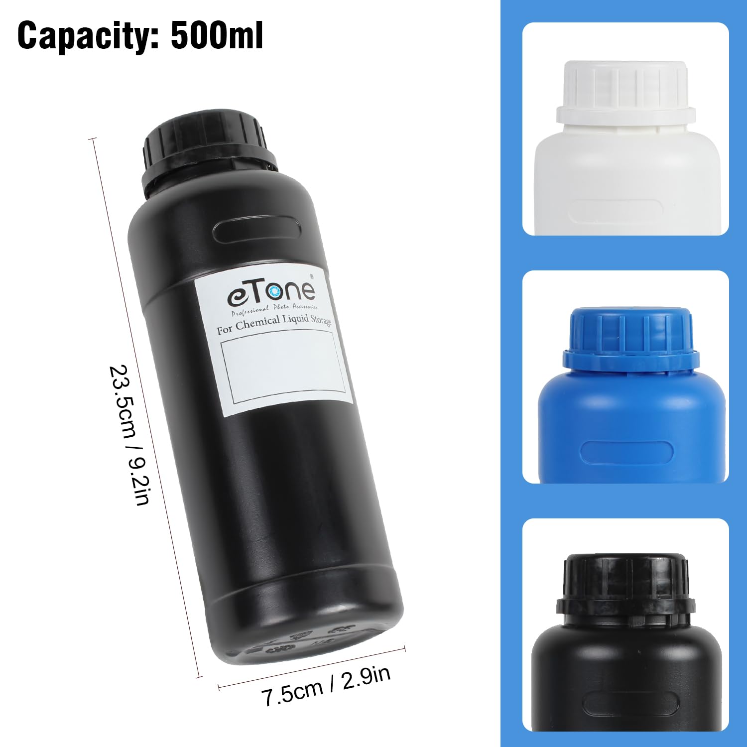 Etone 3X 500Ml Darkroom Chemical Storage Bottles With Caps Film Photo Developing Processing Equipment (Black)