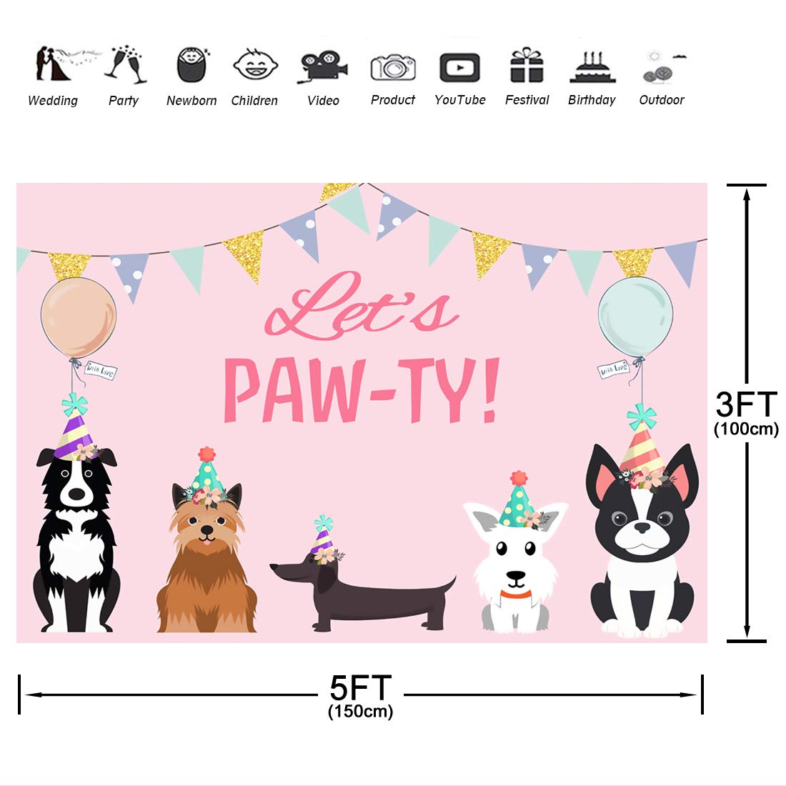 5X3Ft Puppy Dog Happy Birthday Themed Backdrops Let'S Paw Ty Doggy Pet Pink Girl Photography Backdrop Birthday Banner For Puppy