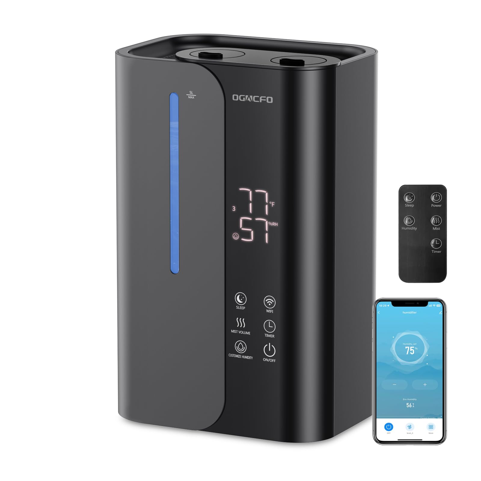 Ogacfo 5L Smart Air Humidifiers For Bedroom With Essential Oils, Top Fill 50H Runtime Cool Mist Large Humidifiers For Home Bedro