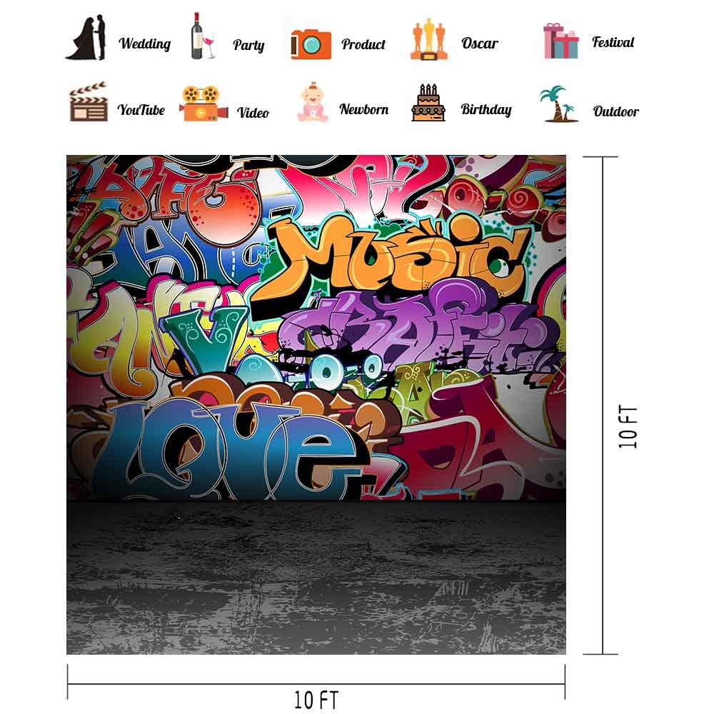 Phmojen Street Graffiti Art Photo Backdrop, 10X10Ft Extra Large Colorful 90'S Hip Hop Vintage Cement Floor Photography Backdrops
