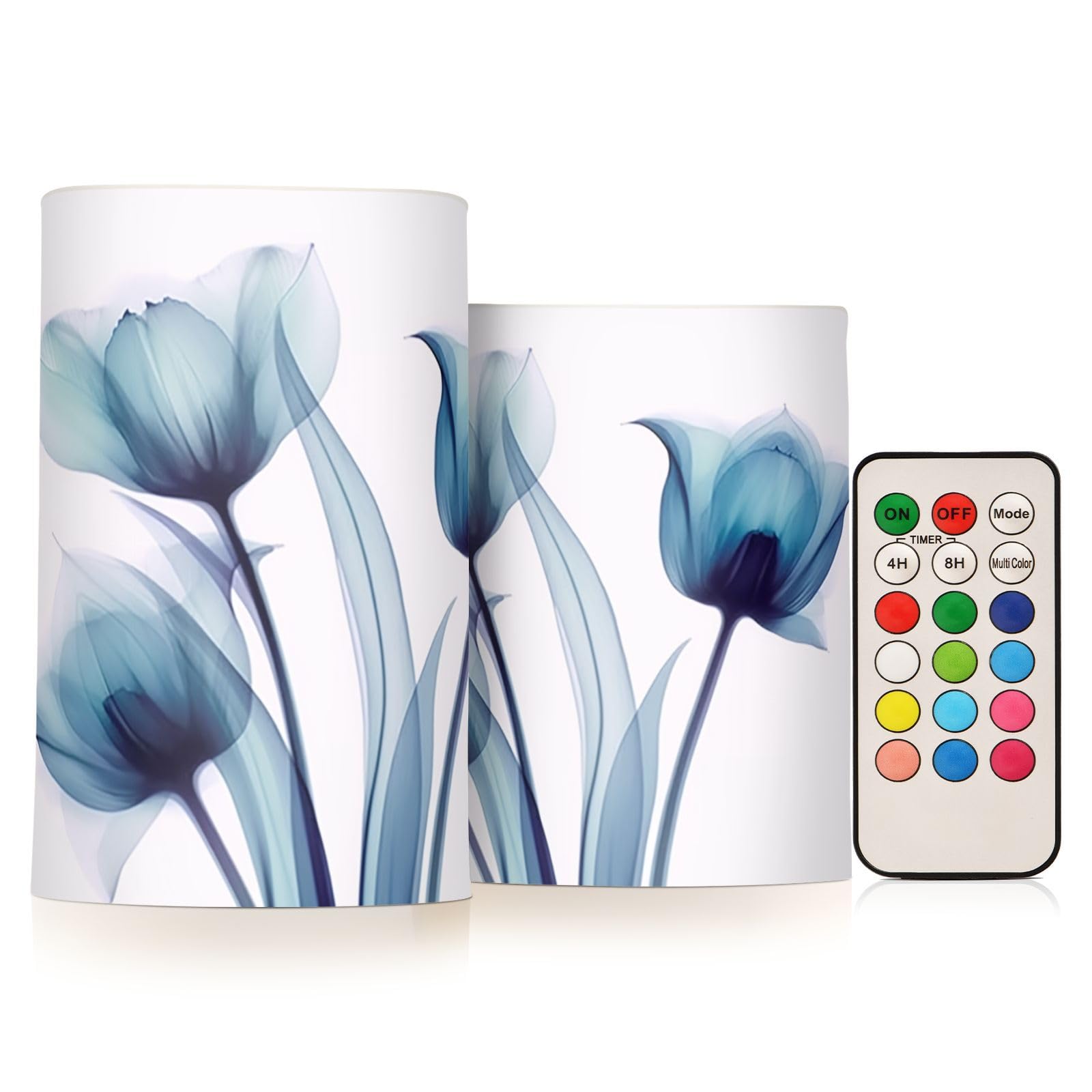 BOENLE Flickering Flameless Candles, Blue Tulip Flower LED Candles with Remote Timer, Set of 2 Battery Operated Candle for Valen