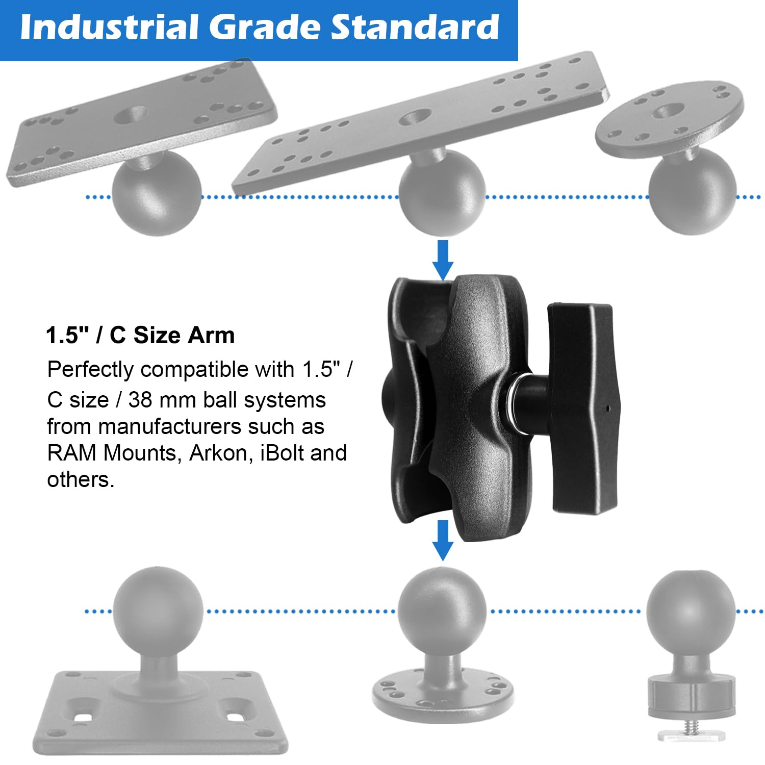 Windfrd Aluminum Short (3.35'') Double Socket Arm For 1.5 Inches/C Size / 38Mm Ball Accessories, Powerful Clamp, Compatible With