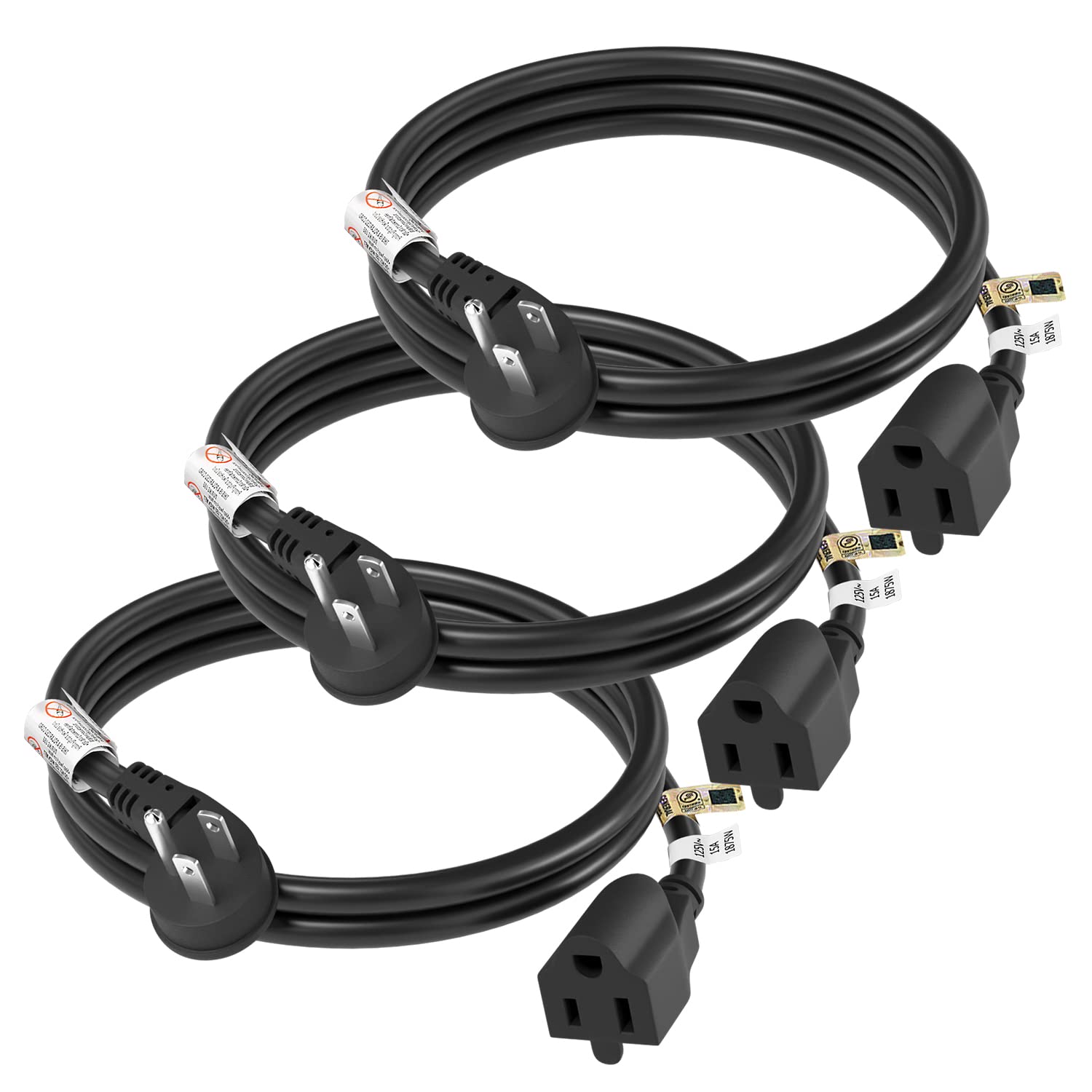 FIRMERST 1875W Flat Plug Extension Cord 3 Feet 14 AWG 15A Black, 3 Packs