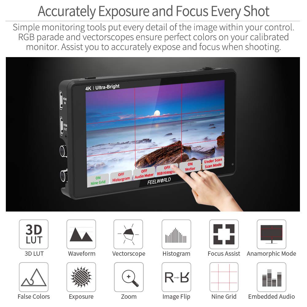Feelworld Lut6S 6 Inch Sdi 2600Nits Hdr 3D Lut Touch Screen Dslr Camera Field Monitor With Waveform Vectorscope Histogram 3G Sdi