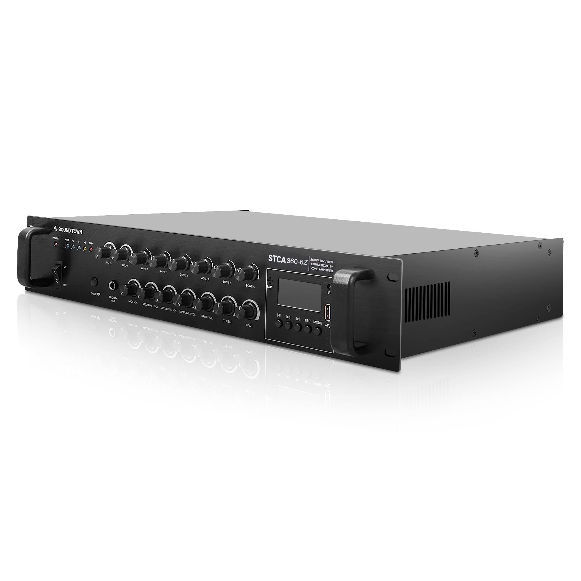 Sound Town 360W 6 Zone 70V/100V Commercial Power Amplifier With Bluetooth, Optical, Phantom Power, For Restaurants, Lounges, Bars, Pubs, Schools (Stca360 6Z)