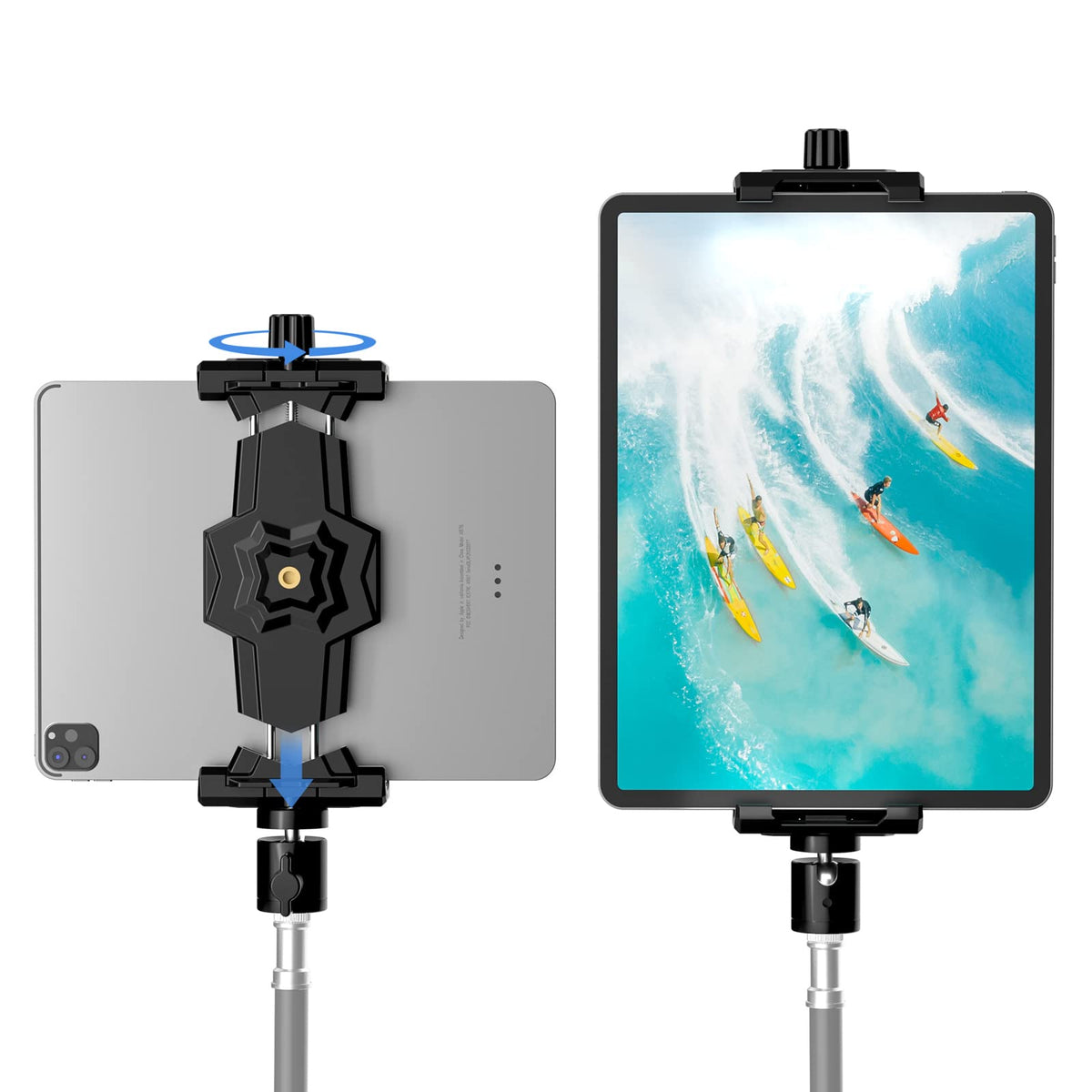 Ipad And Phone Tripod Mount Adapter With Ball Head, Ipad Holder For Tripod, 360 Rotatable Tablet Clamp Mount Fits Ipad Pro 12.9, Ipad Air Mini 3 4, Galaxy Tab, Surface Pro, Selfie Stick(5.3 10.6')