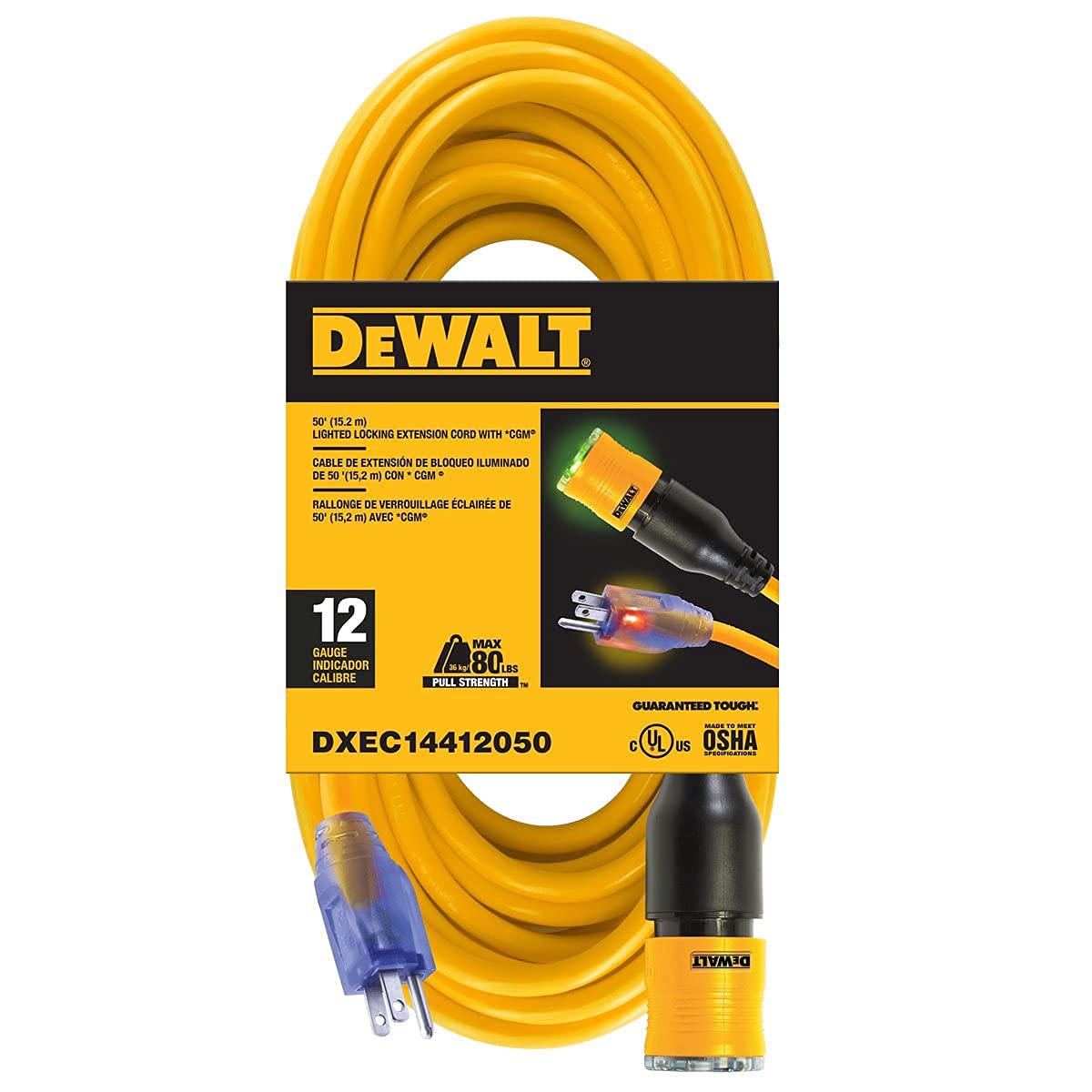Dewalt 50 Foot 12/3 Sjtw Click To Lock Lighted Extension Cord   Heavy Duty Outdoor, Waterproof, Weatherproof, Heat & Corrosion R
