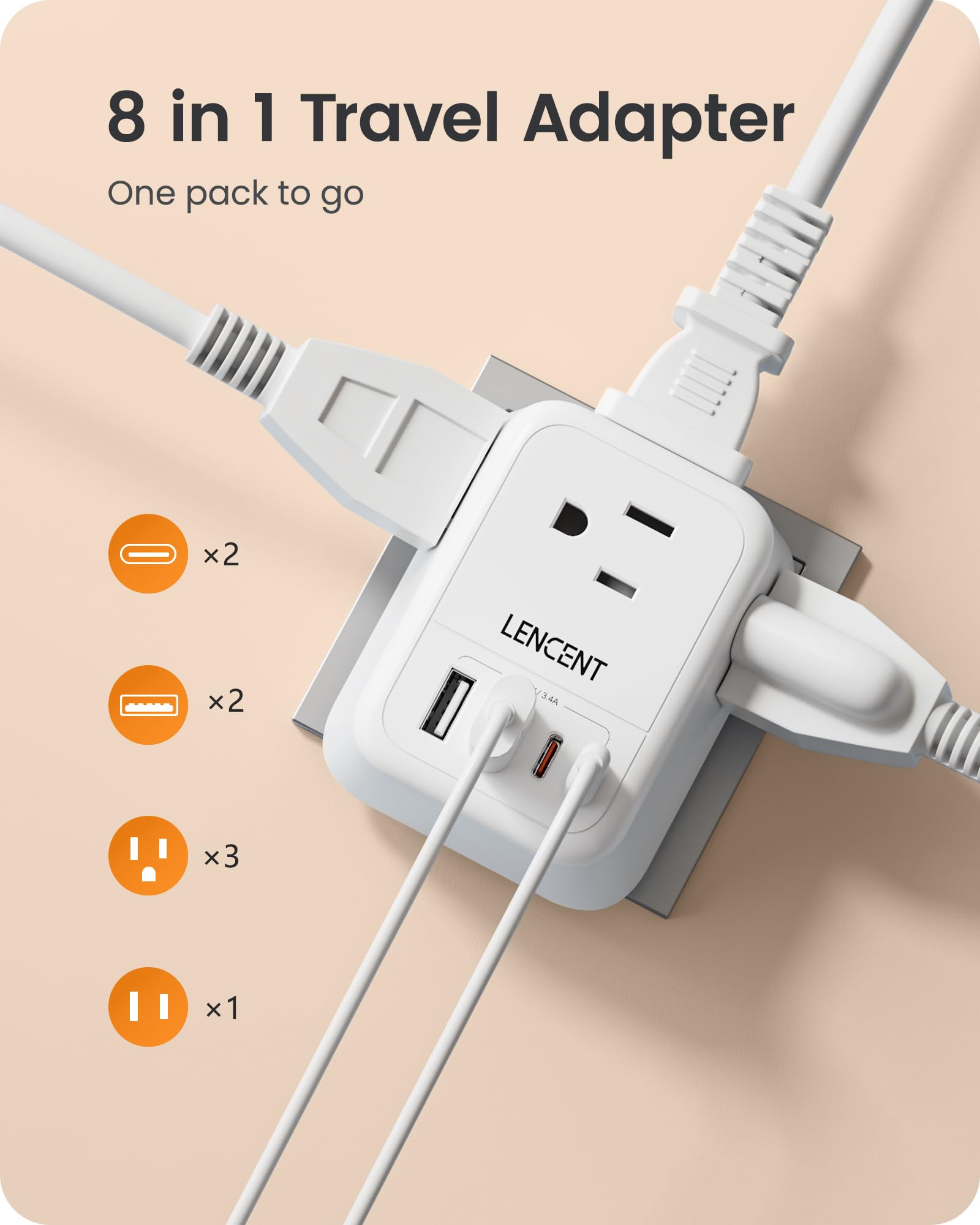 Lencent Foldable Japan Travel Adapter, 2 To 3 Prong Outlet Adapter, Us To Japan Plug Adapter With 4 Ac Outlets 4 Usb Charger Cub