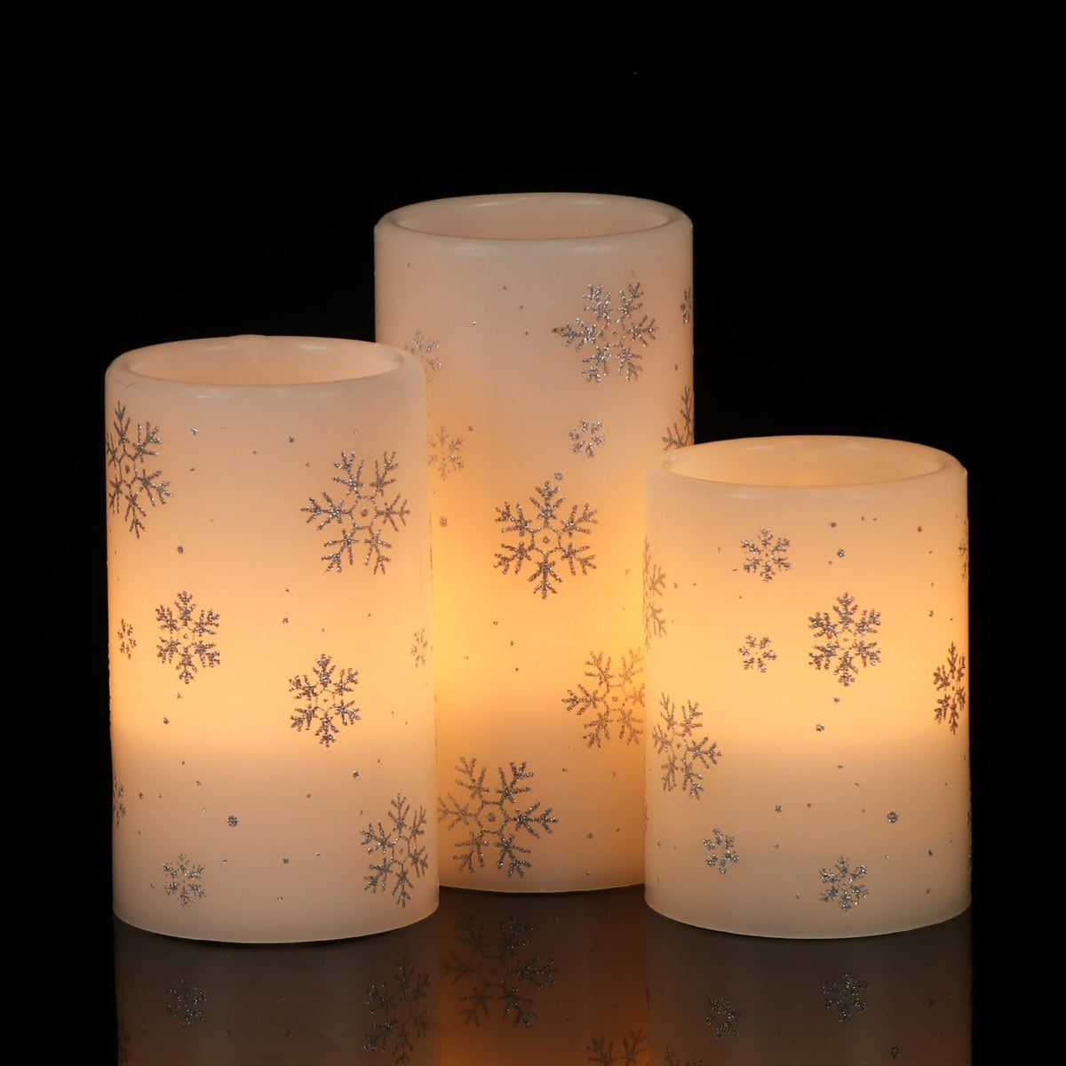Dromance Silver Snowflake Flameless Flickering Candles Battery Operated With 6H Timer, 3 Pack Real Wax Warm Light Led Pillar Can