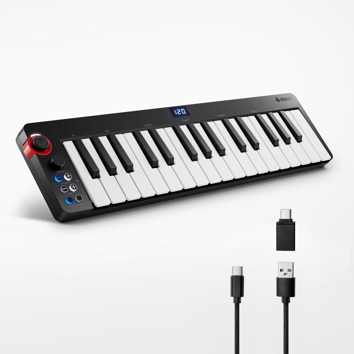 USB MIDI Keyboard Controller MINI 32-Key, Donner N-32 with Screen, Sequencer, Chord, Bend Sound Effects By Light-up Joystick for