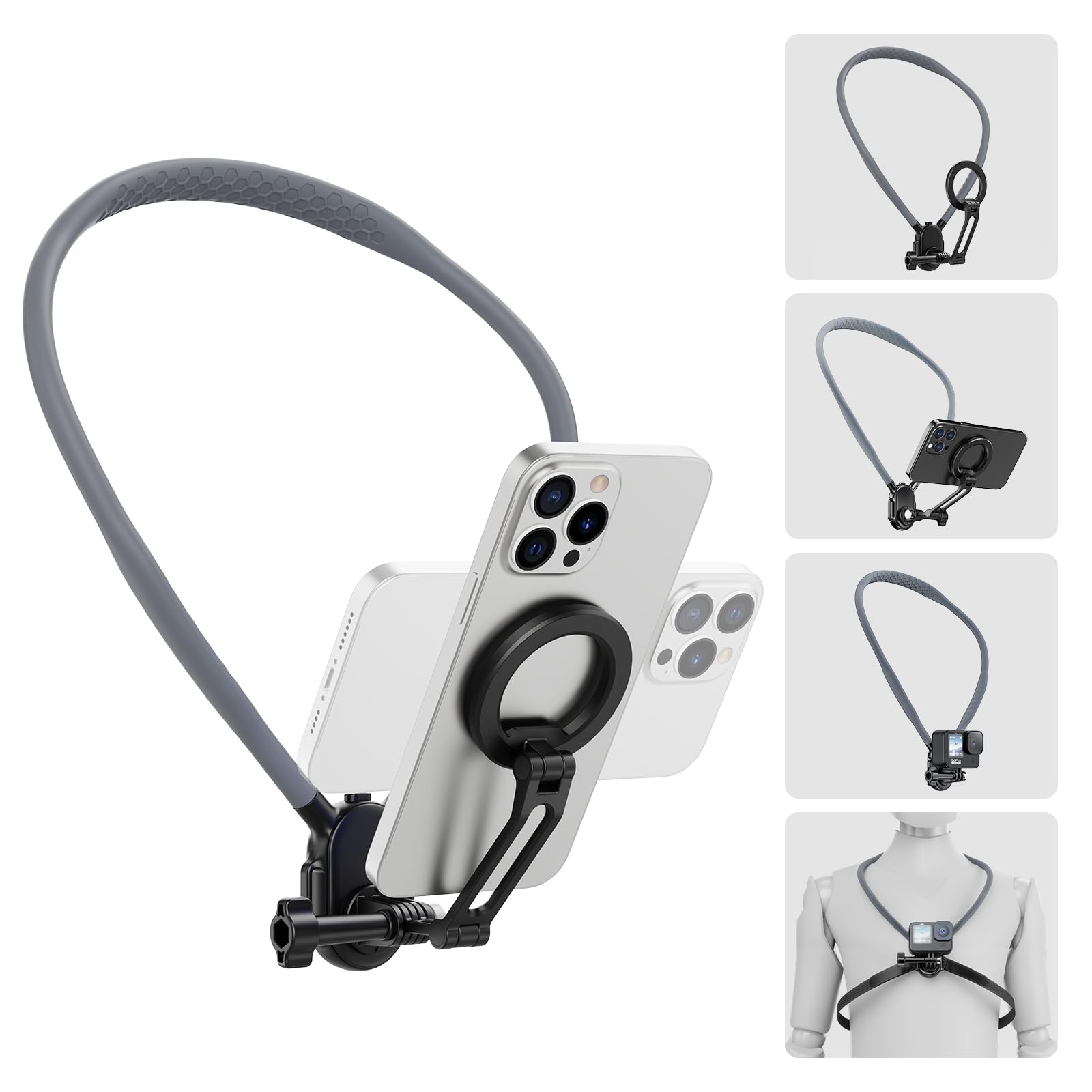 Magnetic Neck Phone Holder, Hands-Free POV/Vlog Neck Phone Selfie Chest Phone Holder with Strap, Used for Recording/Cooking/Cycl