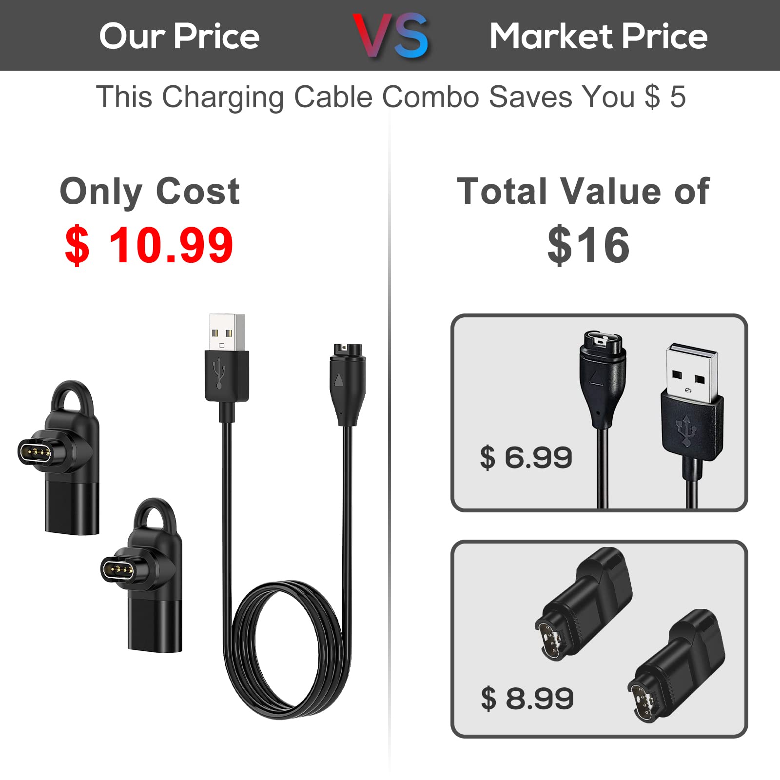 Charger Cable For Garmin Watch With Extra Type C Adapter, 3.3Ft Usb Charging & Data Transfer Cord For Fenix 7/7S/7X, Instinct 2/2S/Solar, Vivoactive 4/4S/3, Venu 2/2S/Sq, Forerunner 245/945/55/45, Etc