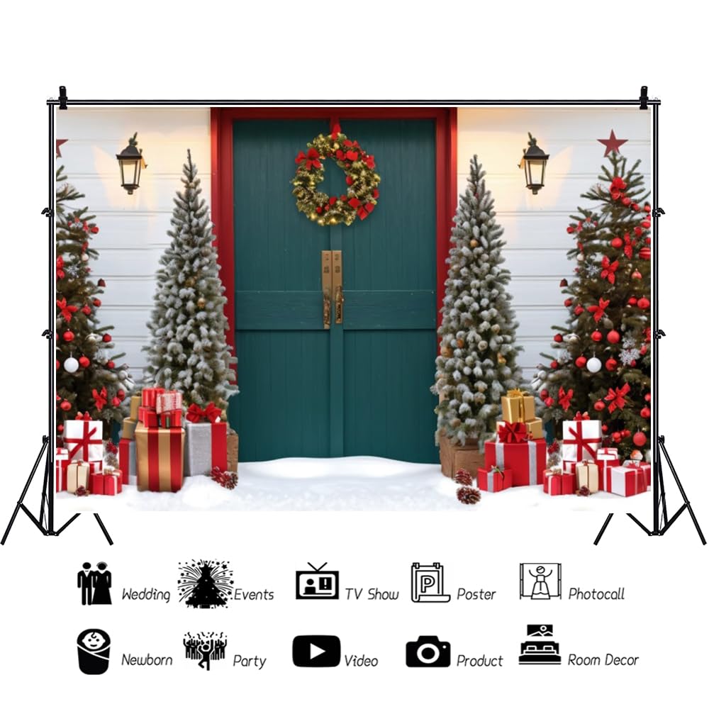 Canessioa Christmas Backdrop 10X8Ft (300X240Cm) Christmas Backdrops For Photography Rustic Farmhouse Barn Door Xmas Trees Photog