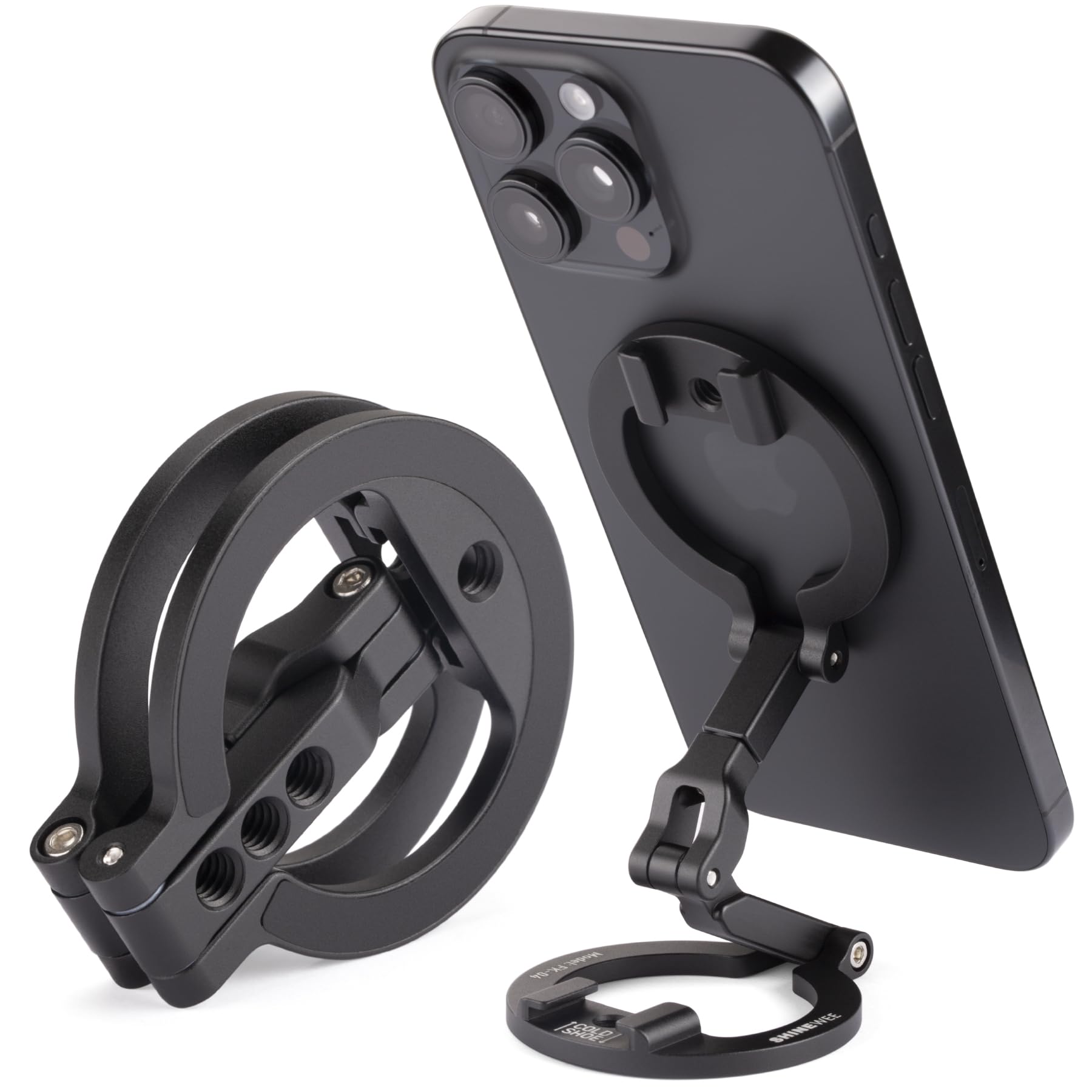 Dual Magnetic Ring Phone Mount - Foldable 360 Rotation CNC Aluminum Stand,1/4 Screw,Cold Shoe Interface, Hands-Free Holder for L