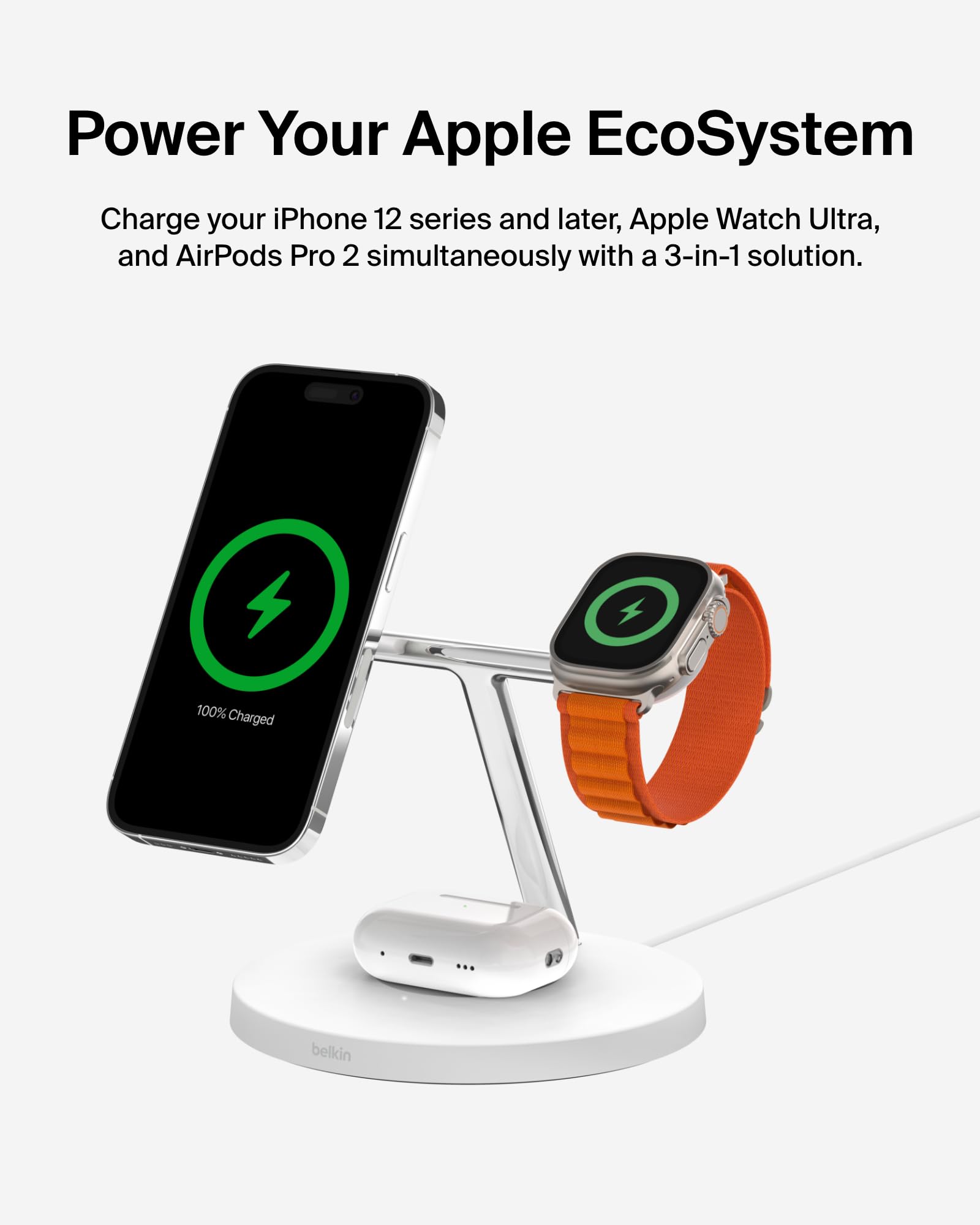 Belkin Magsafe 3 In 1 Wireless Charging Stand (Older 2021 Release) For Apple Watch, Iphone Series, Airpods   White