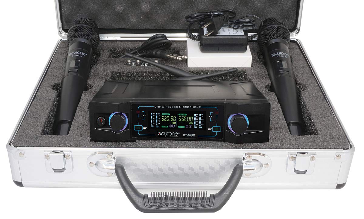 Boytone Bt 46Um Wireless Microphone System, Dual Uhf Cordless Mic Set, Long Distance 150 200Ft,16 Hours Continuous, Fixed Freque