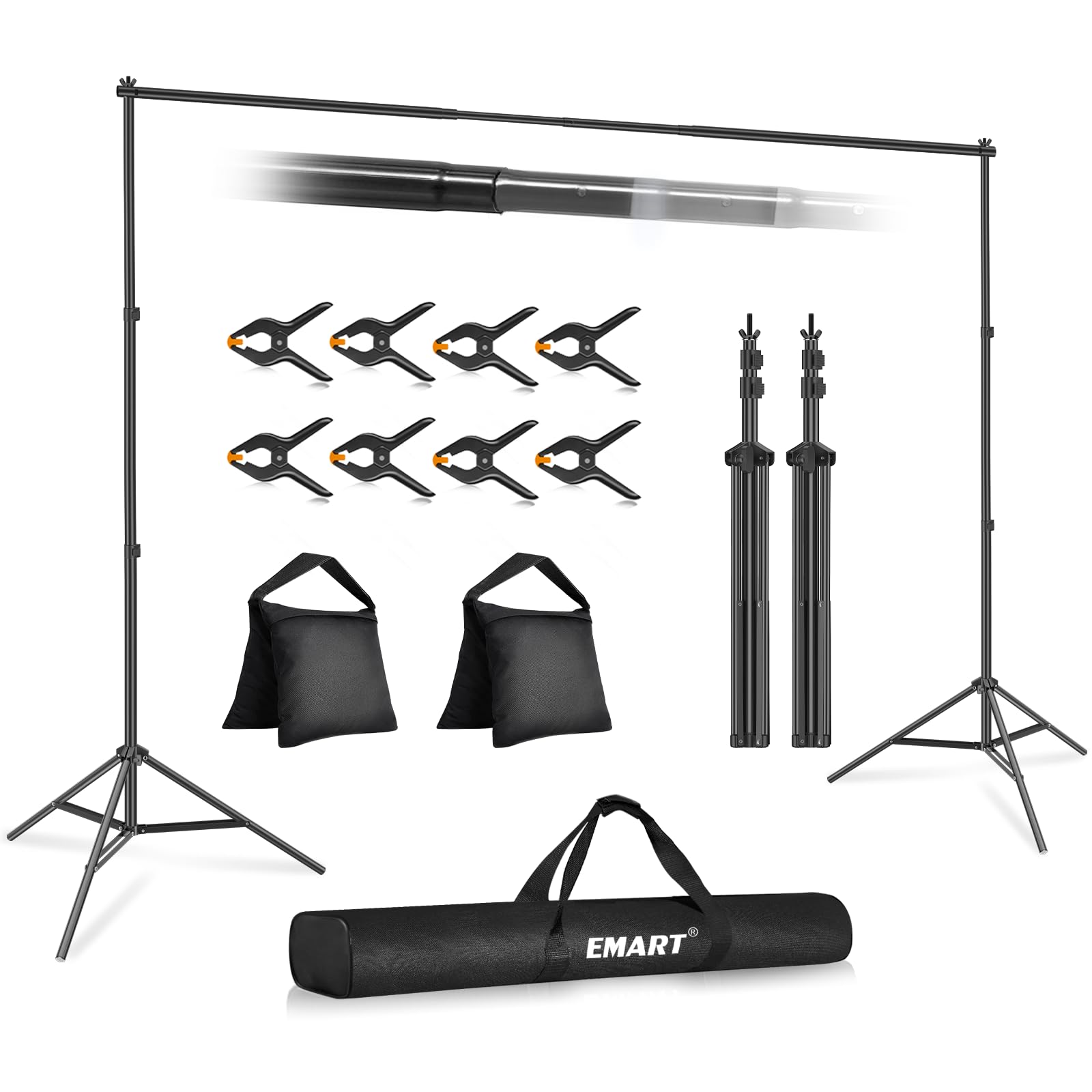 Emart Backdrop Stand 10X7Ft(Wxh) Photo Studio Adjustable Background Stand Support Kit With 2 Crossbars, 8 Clamps, 2 Sandbags And Carry Bag For Parties, Events Decoration, Wedding, Photography
