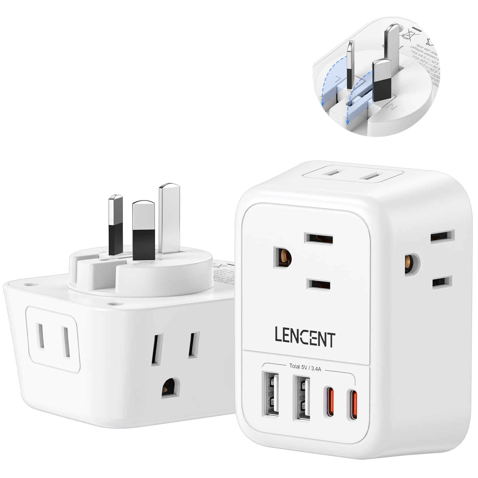 Lencent Foldable Australia Travel Plug Adapter, Us To New Zealand China Power Adaptor With 4 Outlets, 4 Usb Charger(2 Usb C Port