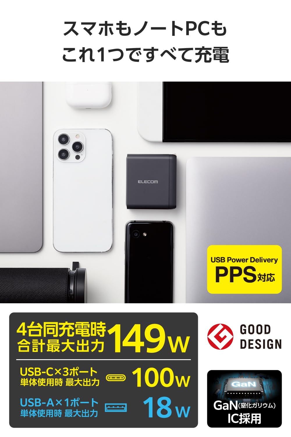 Elecom 150W Usb C Wall Charger Block, 4 Multi Port Gan Ii Smart Pd, Ultra-Fast Charging, Compact Power Adapter For Multiple Devi