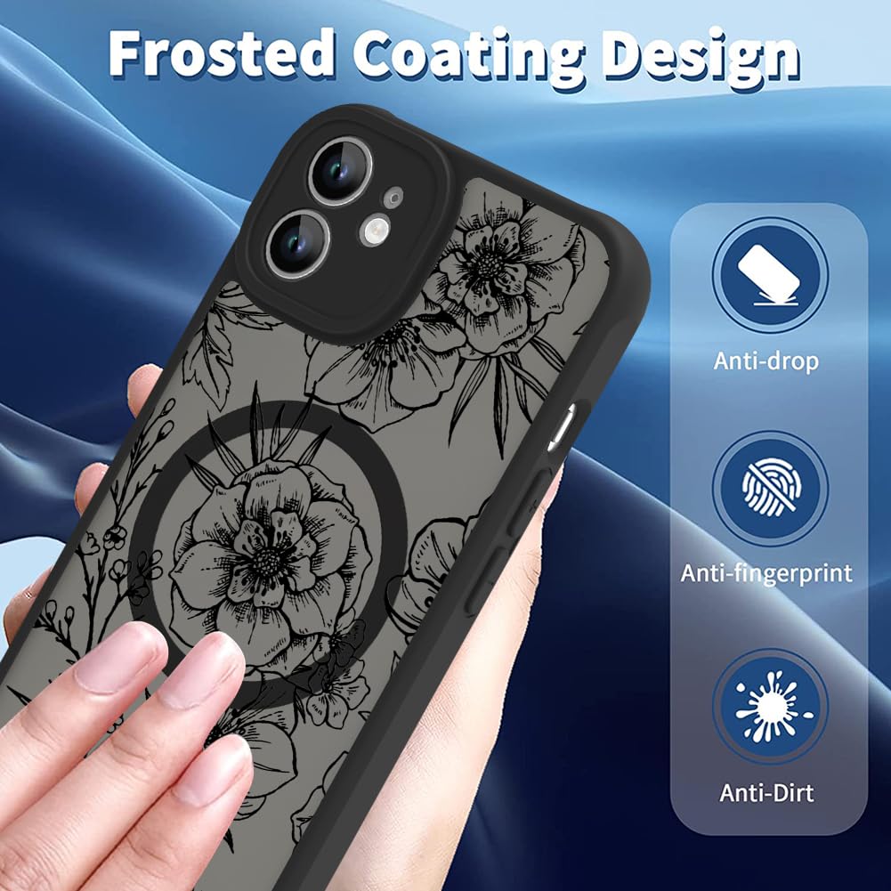 Ook Magnetic For Iphone 11 Case Black Flower Floral Pattern [Compatible With Magsafe] Slim Translucent Matte Camera Lens Protect