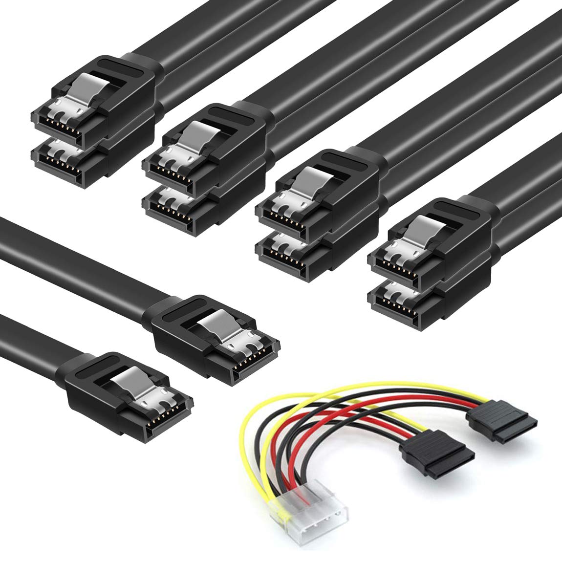 Sata Cables Iii, Ssd Data Cable 6.0 Gbps And Sata Power Splitter Cable 4 Pin To Dual 15 Pin Hard Drive Connection Cables Compatible With Sata Connectors, Hdd, Ssd, Cd Driver, Cd Writer, 6 Pack (Black)