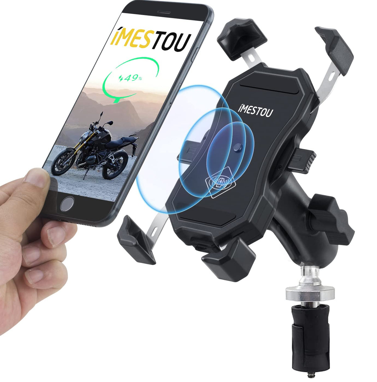 Imestou Motorcycle Fork Stem Wireless Qi/Usb Phone Mount Charger With 1'' Ball For 0.47'' 1.18'' Diameter Fits For Kawasaki, Duc