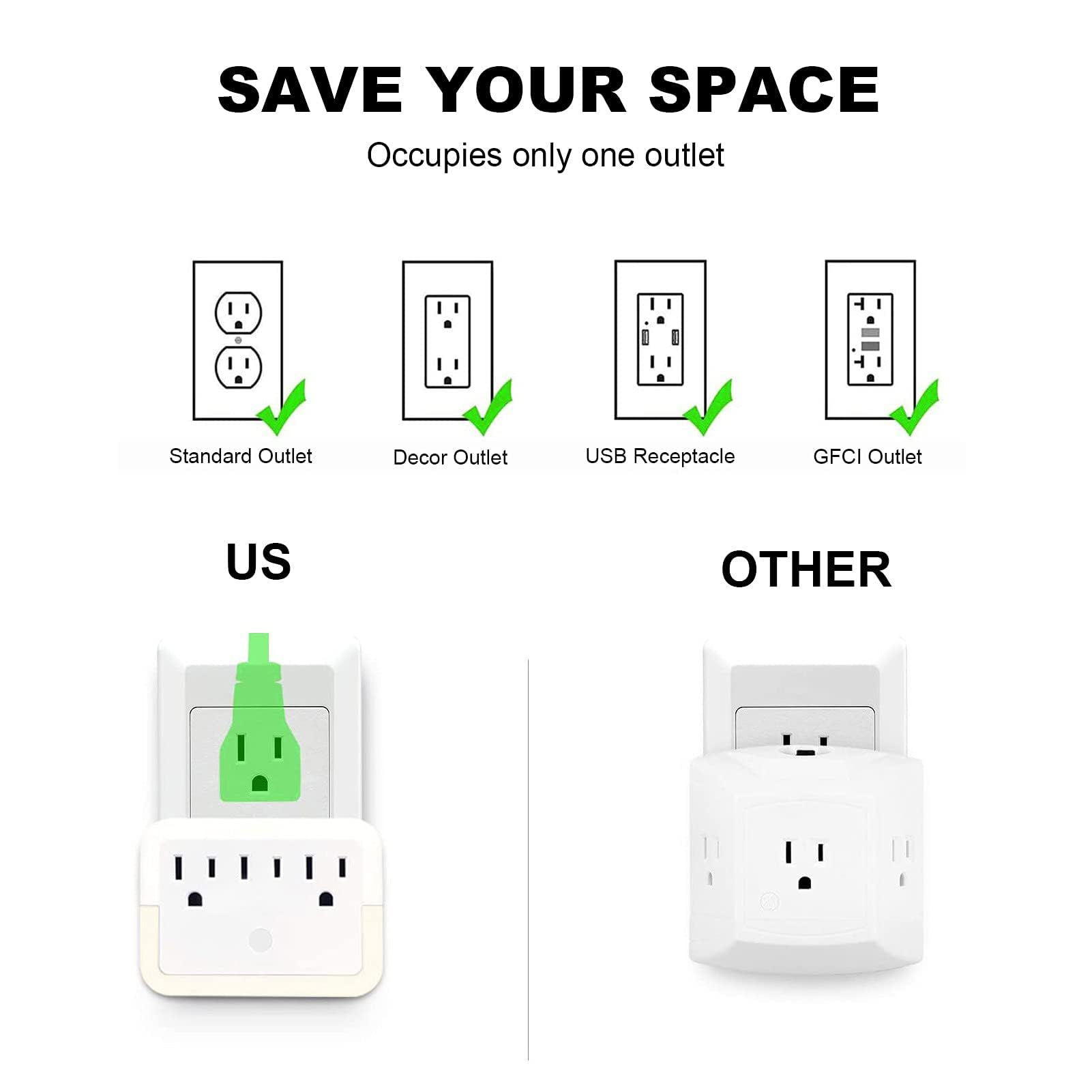 Multi Outlet Wall Adapter 3 Ac Outlet Extender With Warm White Led Light Sensing Outlet Night Light Multi Outlet Portable Chargi