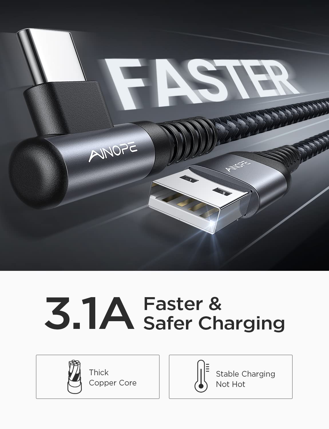 Ainope 2 Pack Usb C Cable [3.3Ft+3.3Ft] 3.1A Type C Charger Fast Charging, Resistant Nylon Braided Usb Type C Cable Right Angle