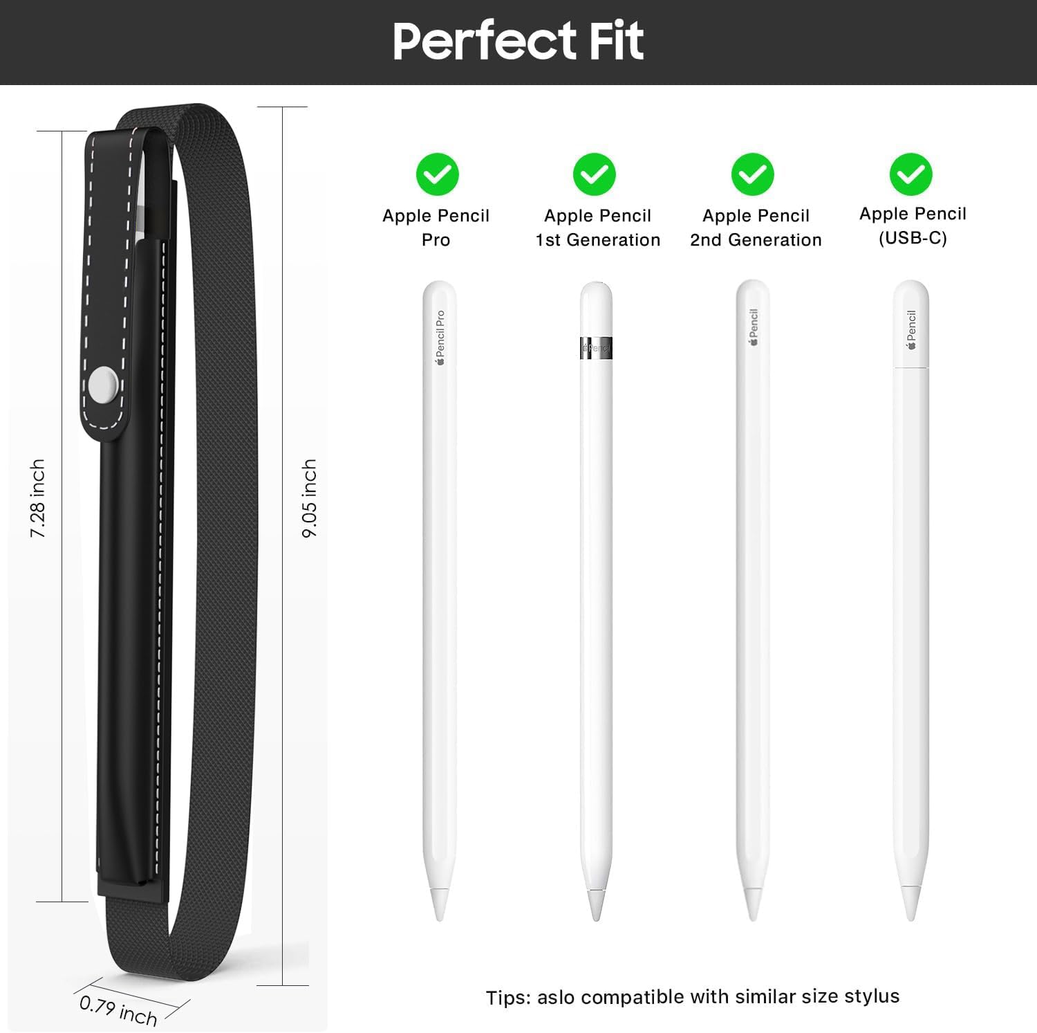 MoKo Pencil Holder for Apple Pencil Pro, Apple Pencil 1st/2nd Generation, Apple Pencil (USB C), PU Leather iPad Pencil Sleeve Pouch with Buckle & Elastic Band Attach to iPad Case, Black