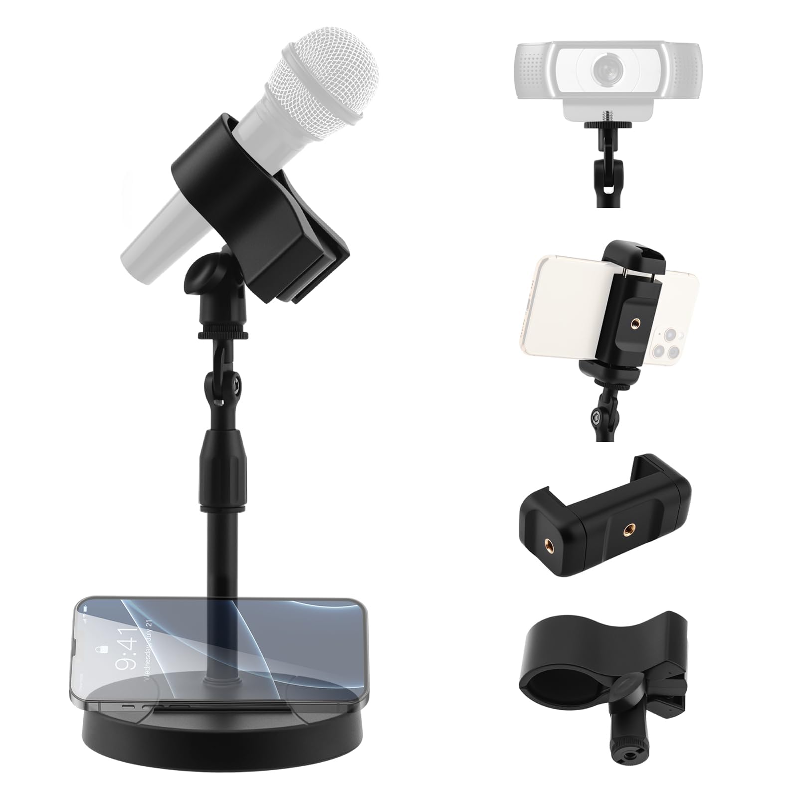 3in1 Desk Mic Stand w Phone/Camera Mount Adjustable Table Stand