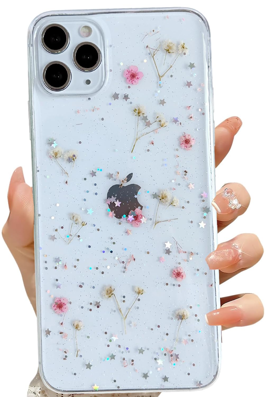 Lseeka For Iphone 11 Pro Clear Case With Pressed Real Flowers Design,Glitter Cute Pink Floral Pattern Slim Soft Tpu Protective W